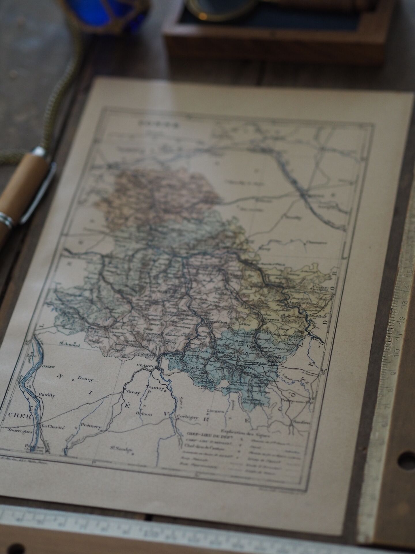 Map of the Yonne, printed in 1889. Authentic Vintage.
