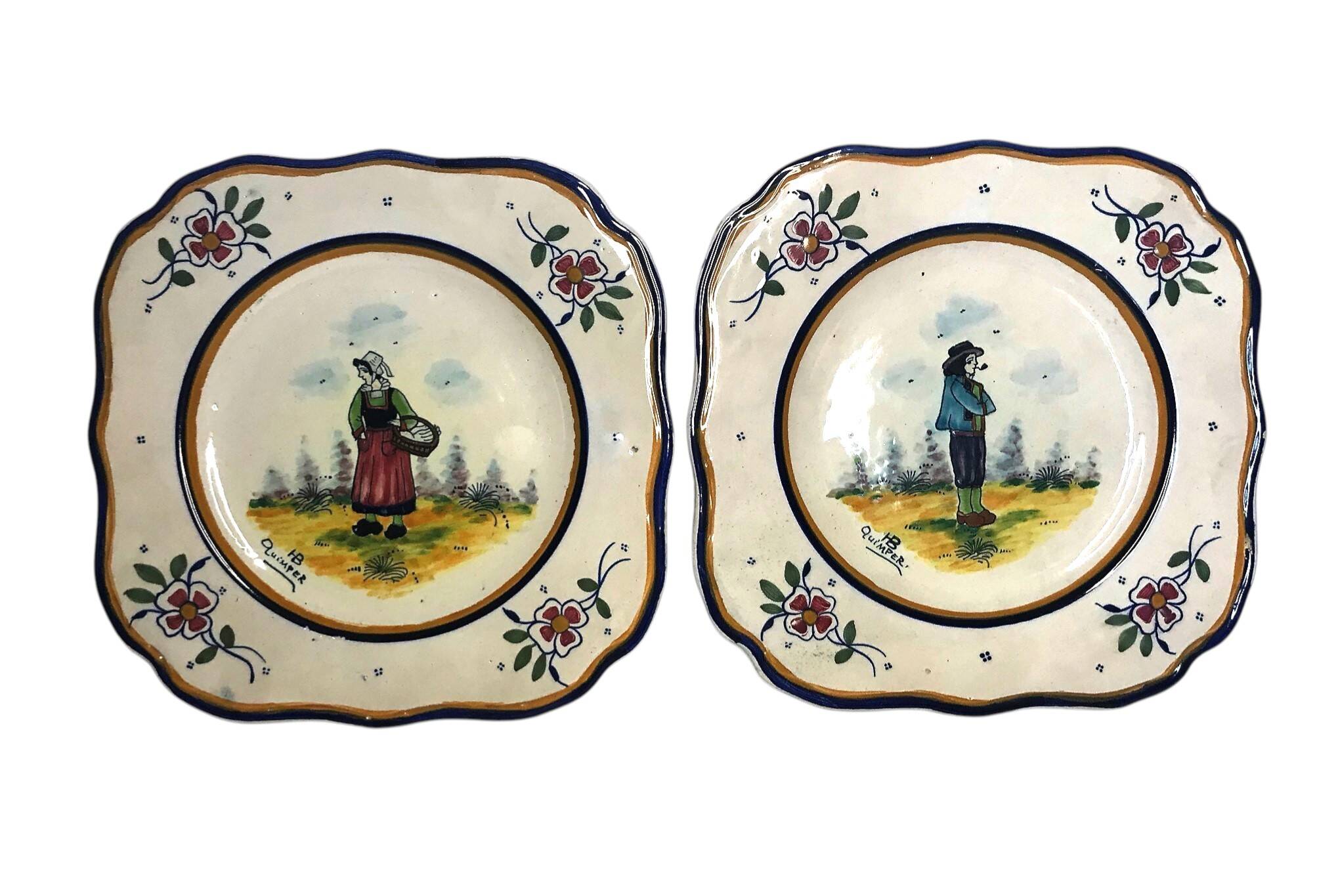 Quimper HB two square plates of Breton peasants from the early 20th century