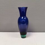 Holmegaard Harlequin Glass vase in blue with thick green base. Designed by Anja Kjær in 1994.