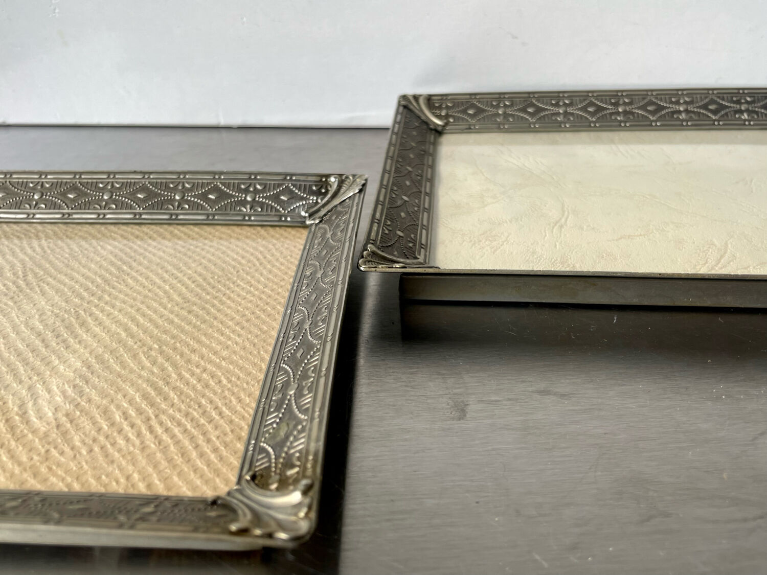 Pair identical vintage metal frames each 18.5 cm x 14.5 cm convex glass