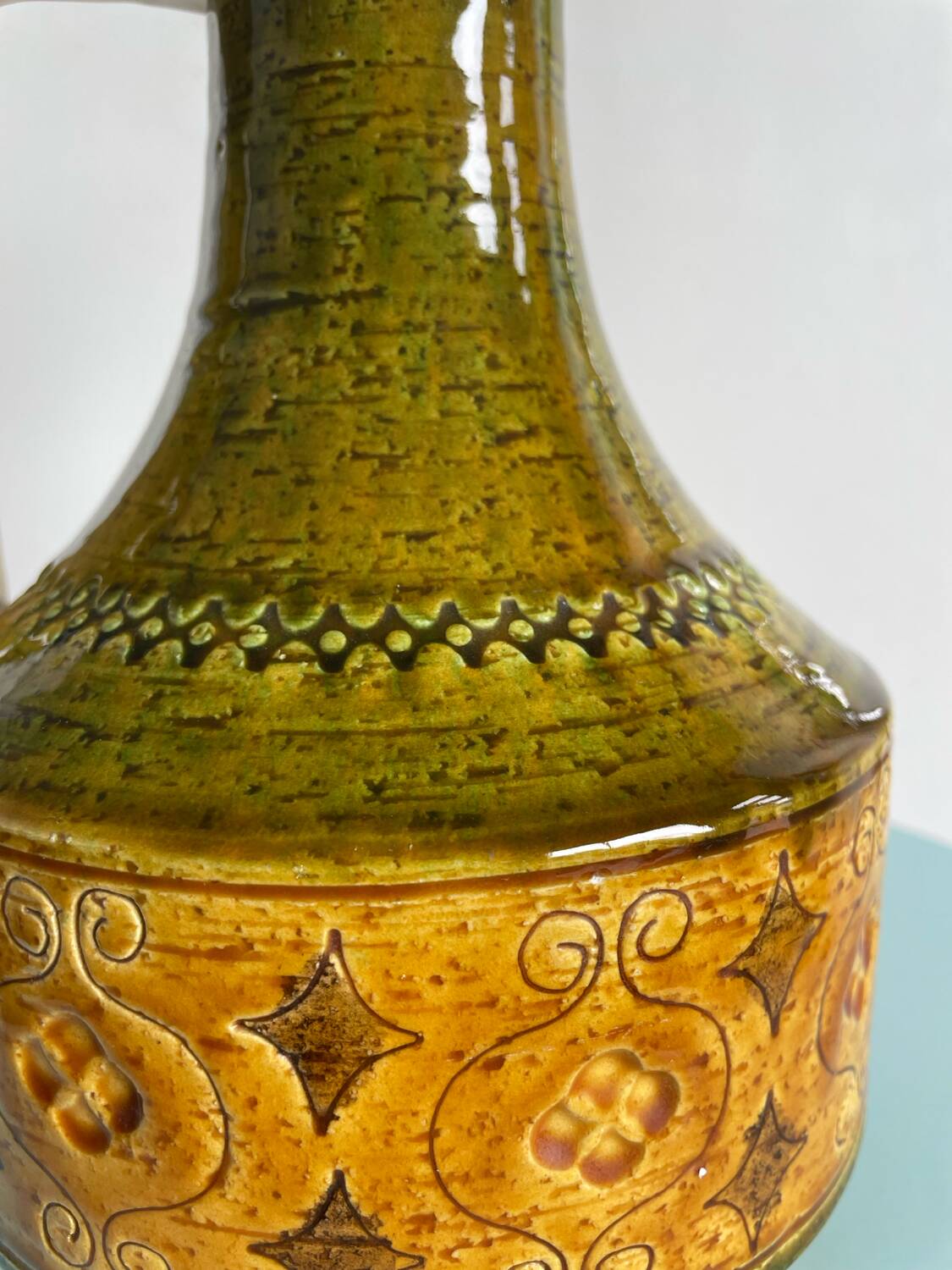 Green and yellow ceramic carafe bitossi italy 1950