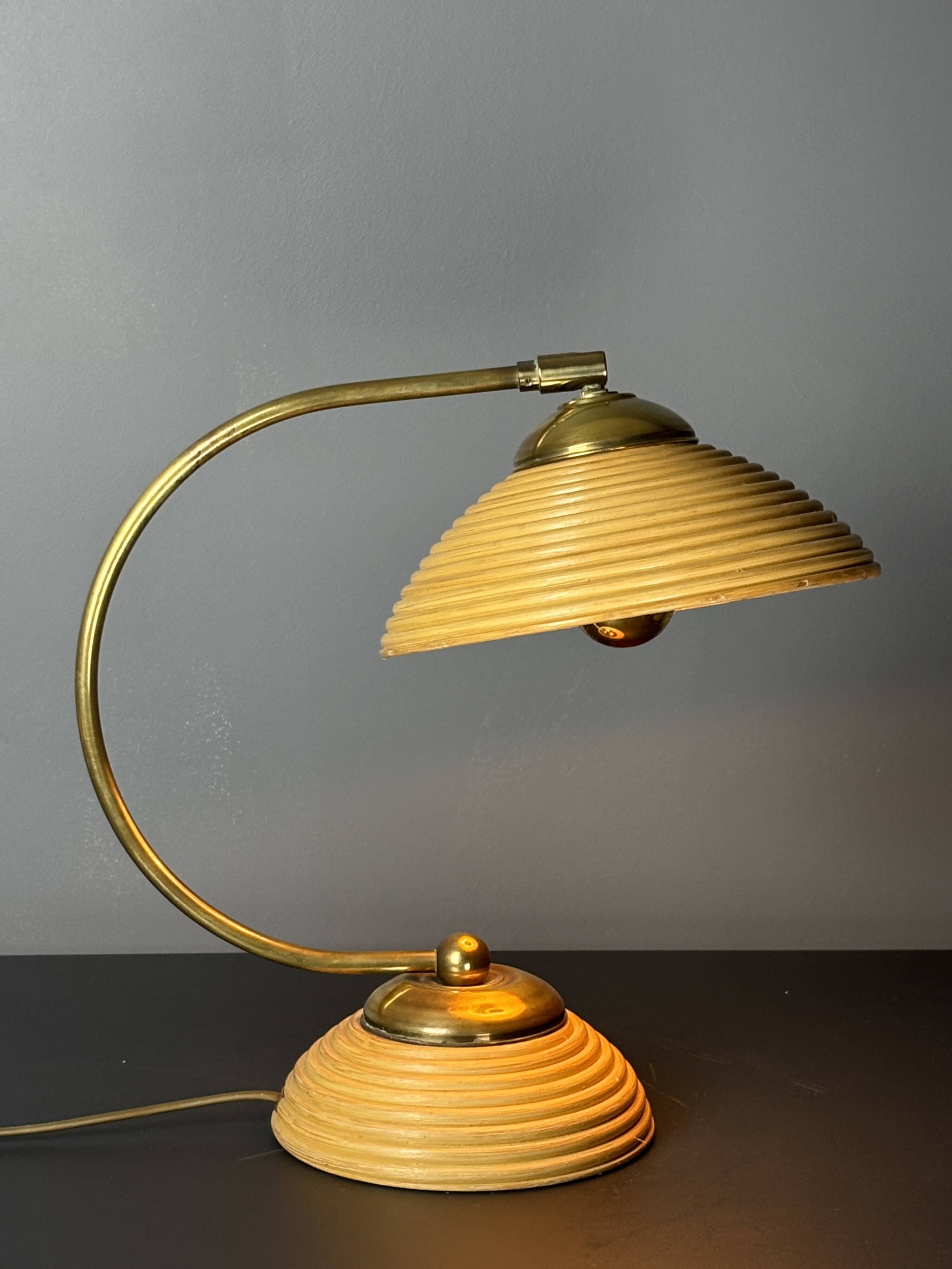 Midcentury pencil reed rattan bamboo and brass table lamp, Italy, 1970s