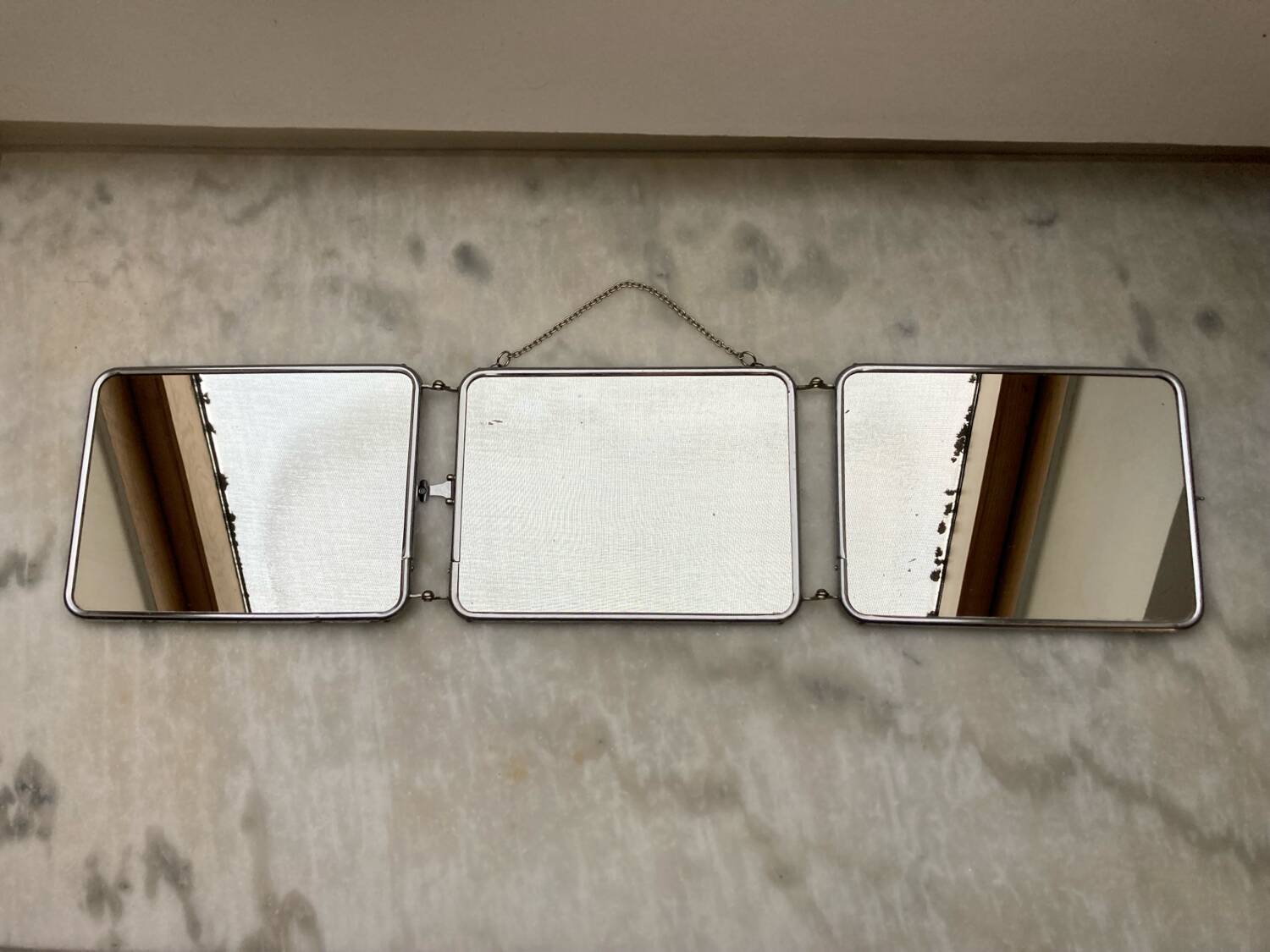 Vintage horizontal triptych barber mirror