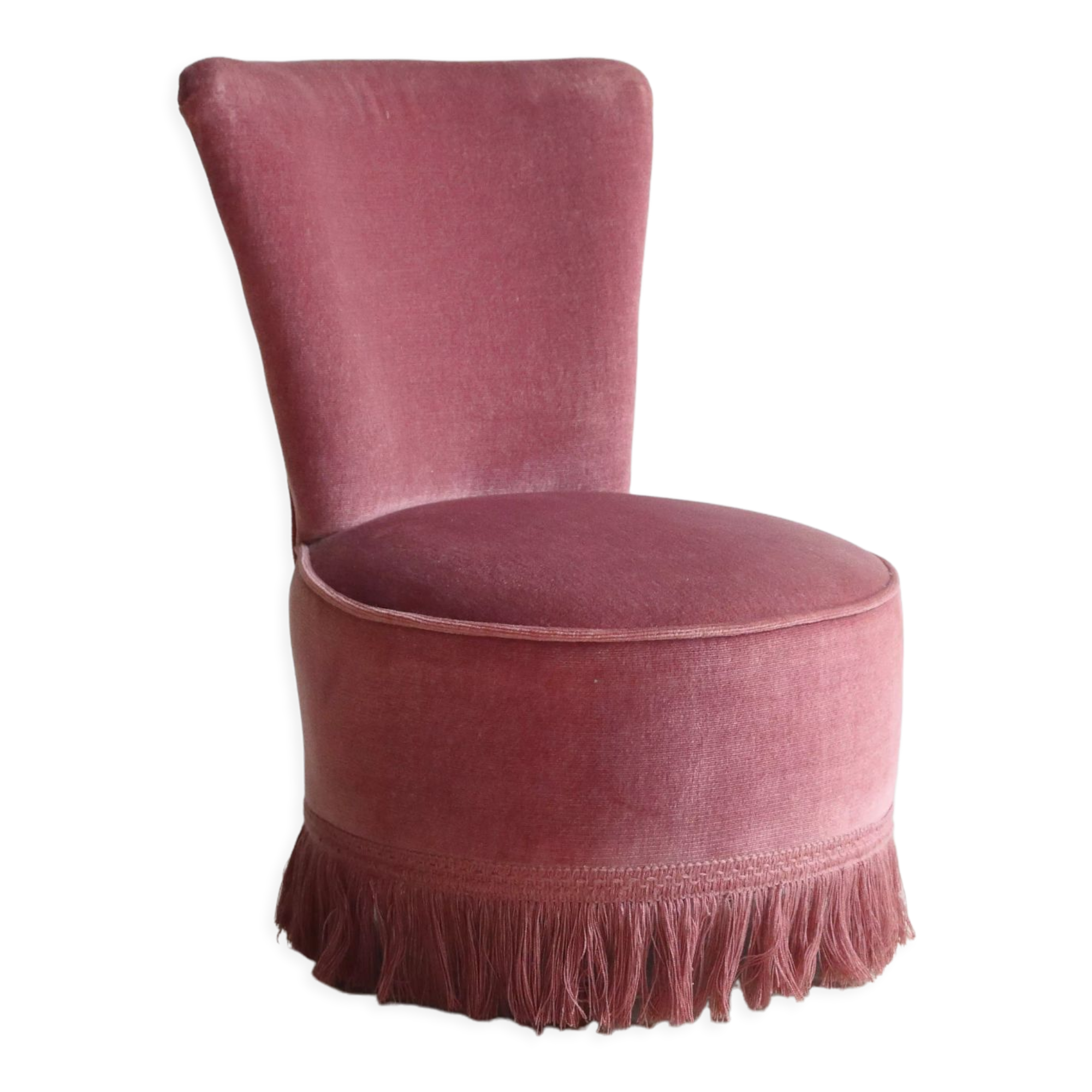 Vintage toad armchair in pink velvet with fringes, 50s/60s