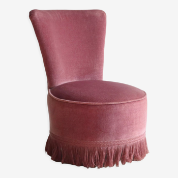 Fauteuil crapaud vintage en velours rose à franges, années 50/60