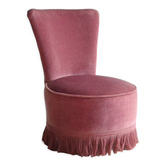 Fauteuil crapaud vintage en velours rose à franges, années 50/60