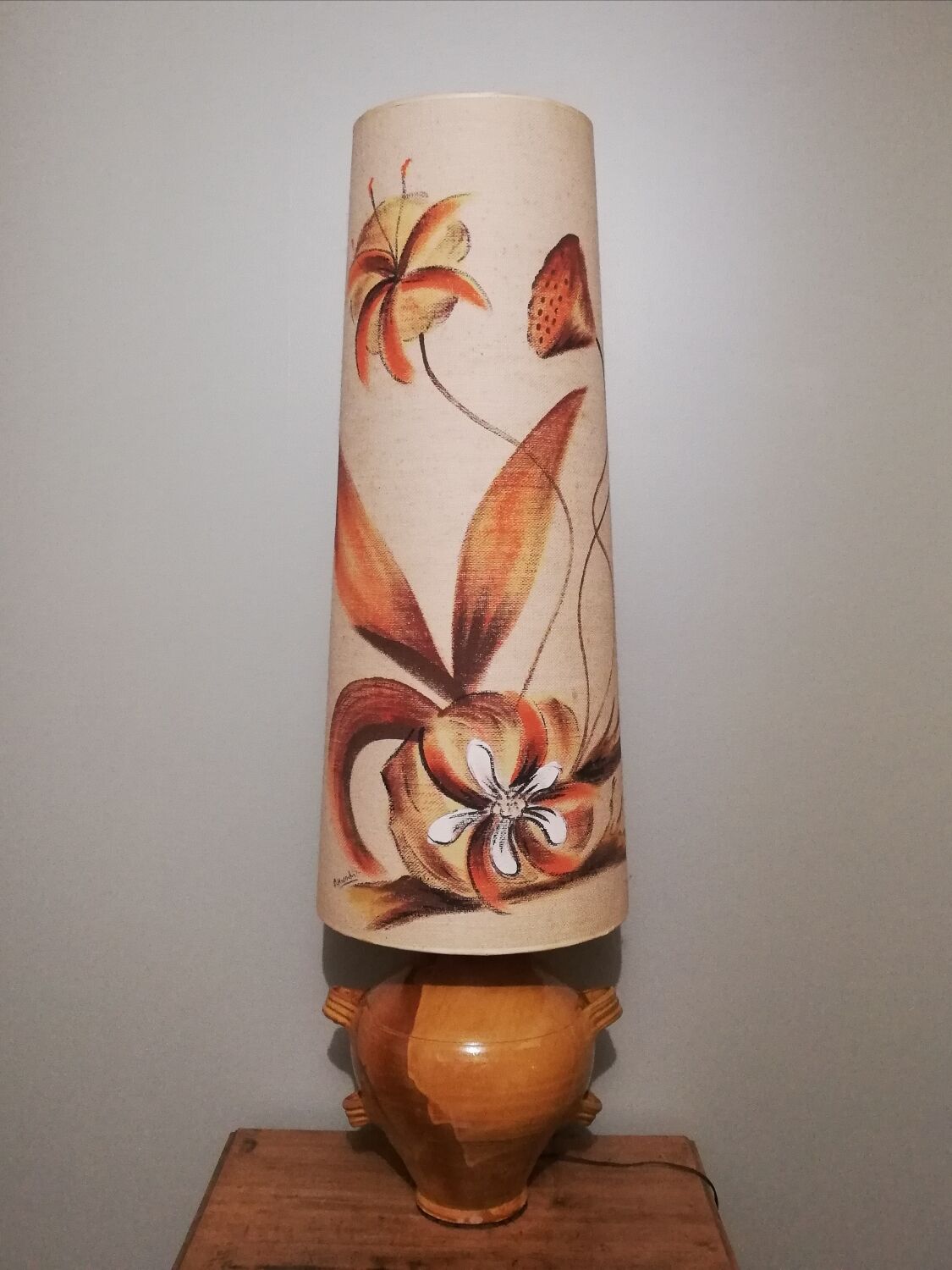 Vintage glazed stoneware lamp with hand-painted lampshade