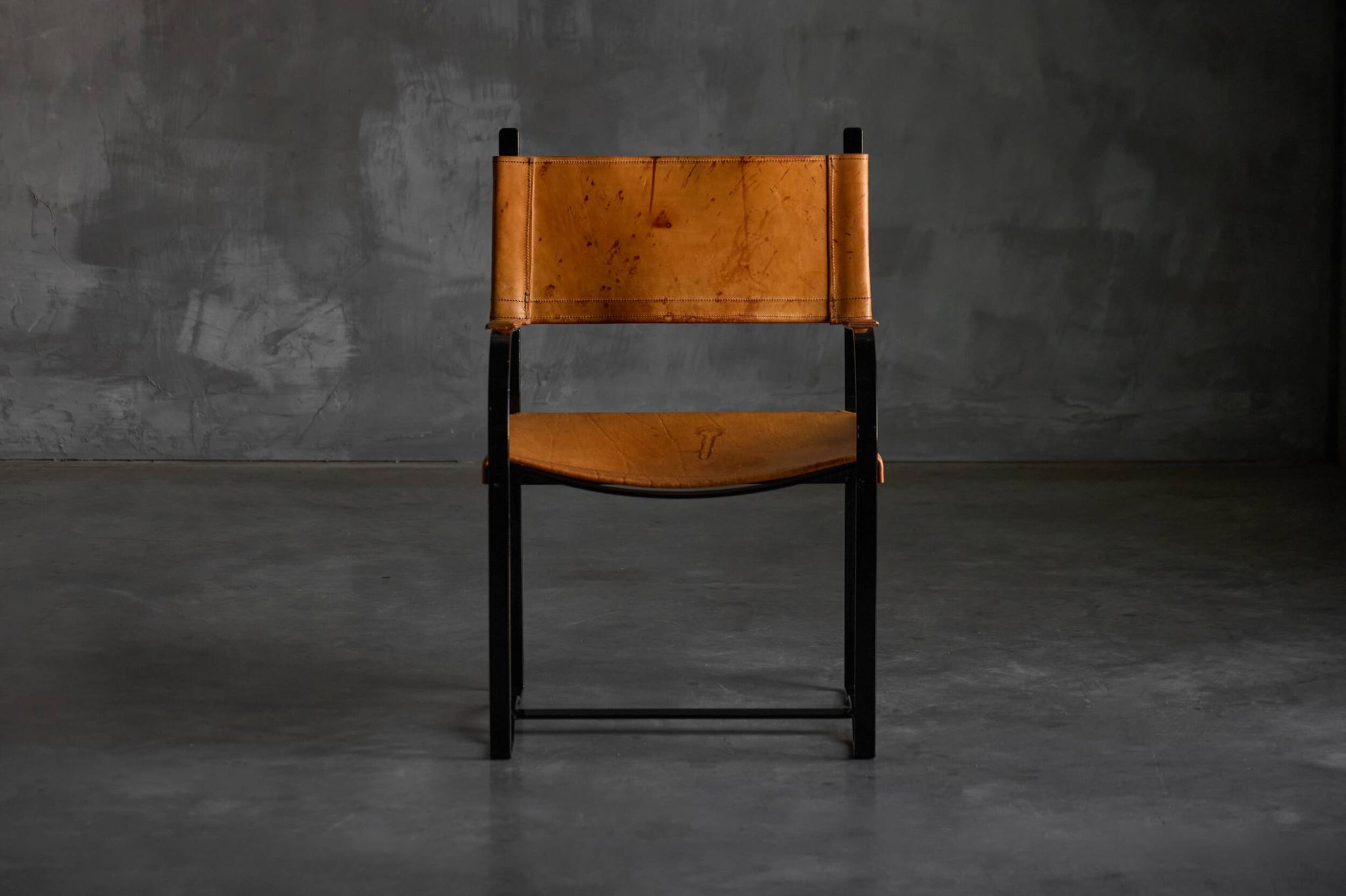 Cognac Leather Armchair, Black Lacquer Steel Frame, Belgium, 1960s