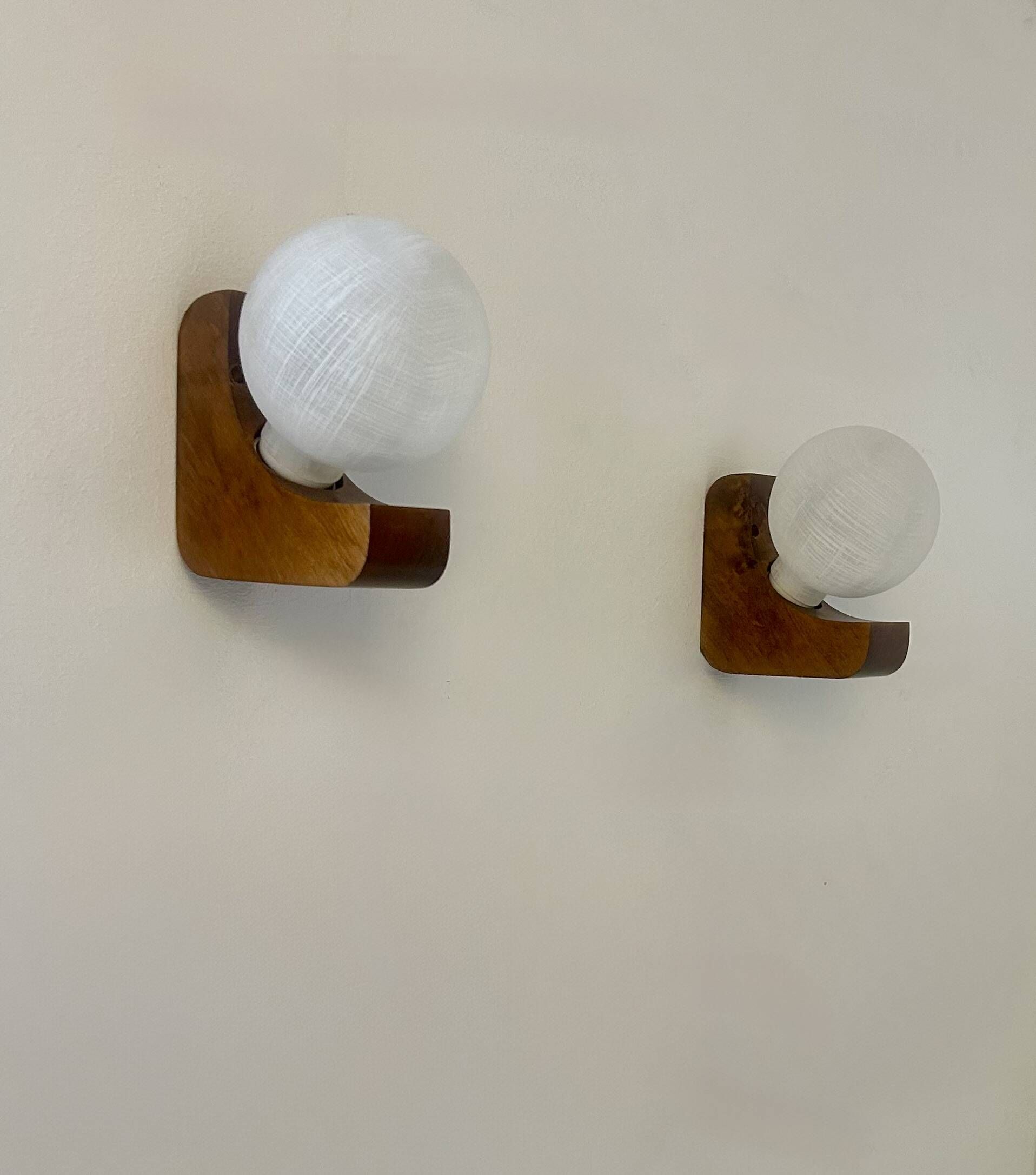 Pair of vintage wall lights, wood and opaline glass, France, 1970