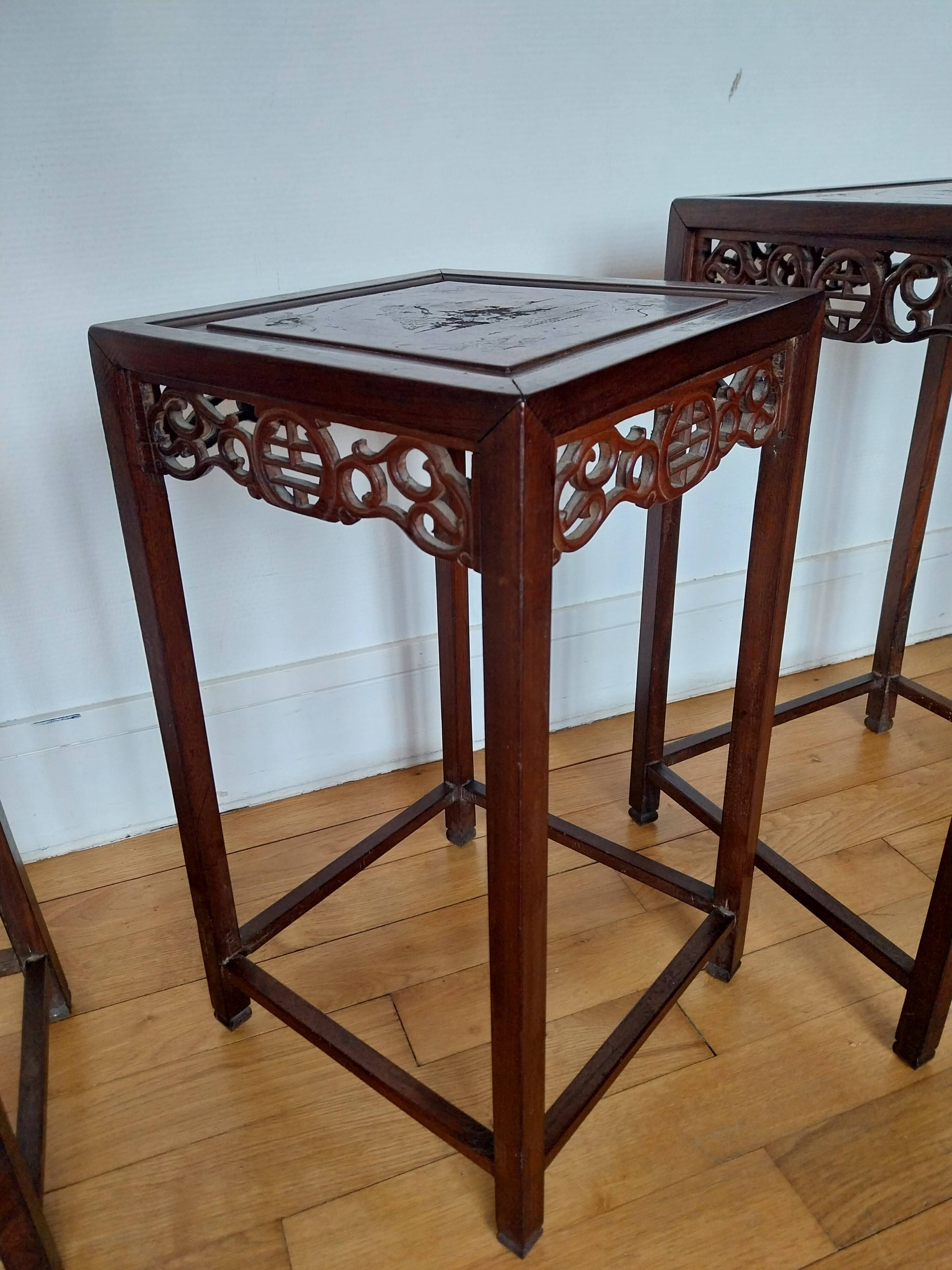 3 Chinese nesting tables in wood and brass.