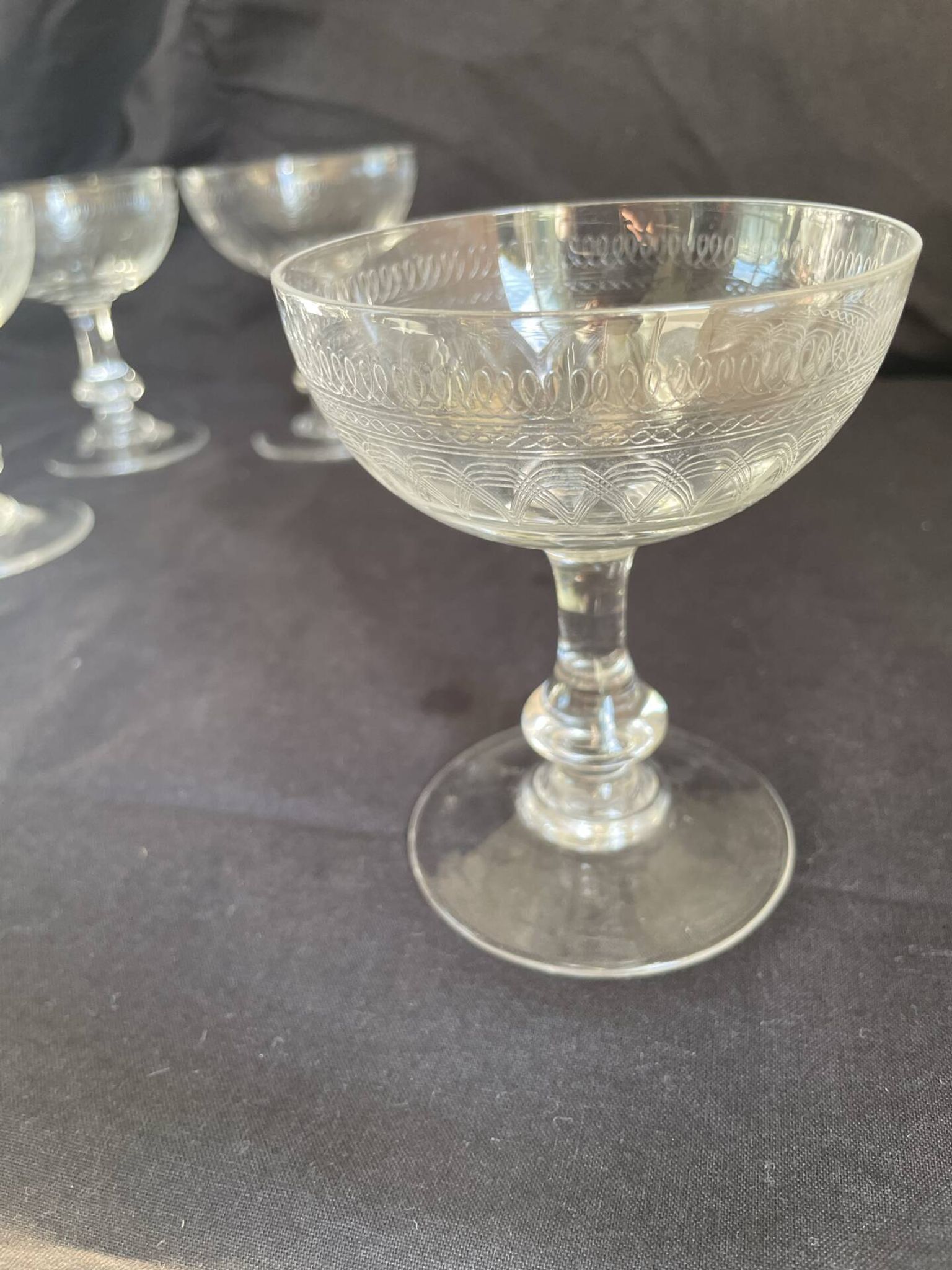 6 Art Deco crystal champagne coupes.