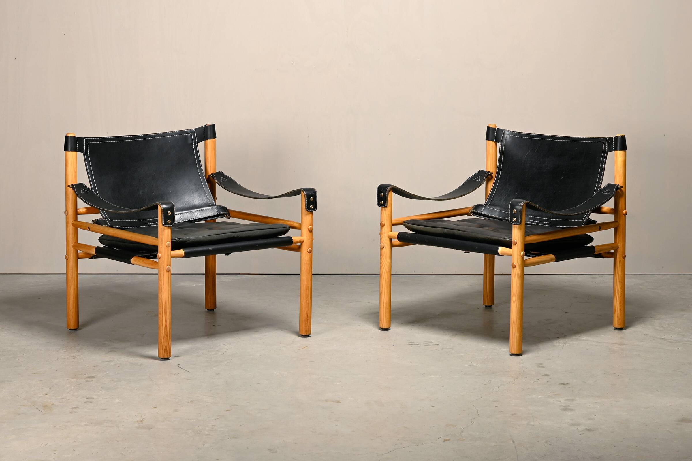 Arne Norell Sirocco Safari Lounge Chairs in Black Leather and Ash, Sweden