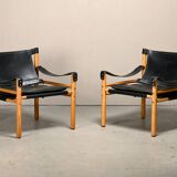 Arne Norell Sirocco Safari Lounge Chairs in Black Leather and Ash, Sweden
