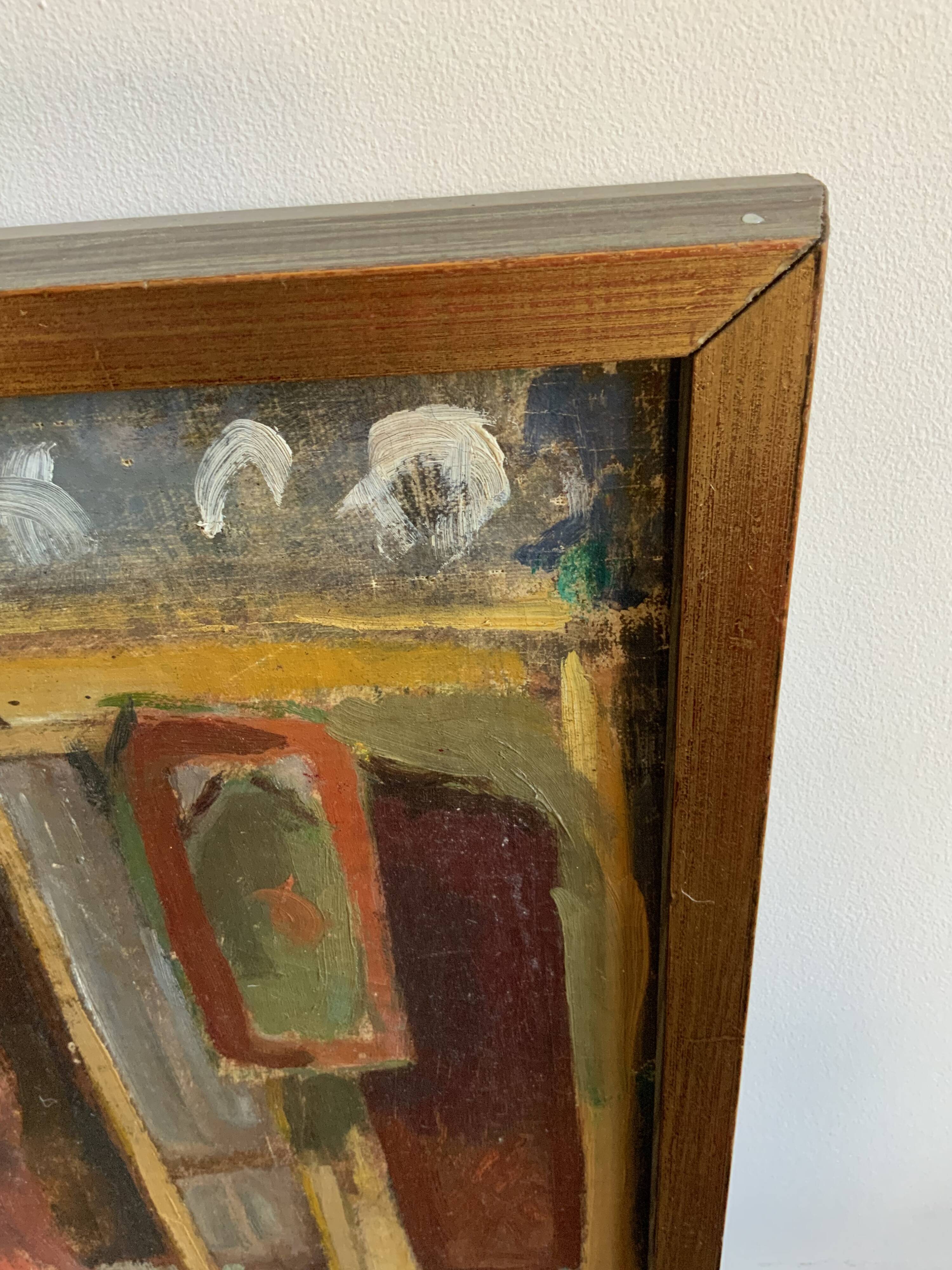 Vintage Oil On Canvas Interior with Woman Signed By Artist W.S., circa 1950s