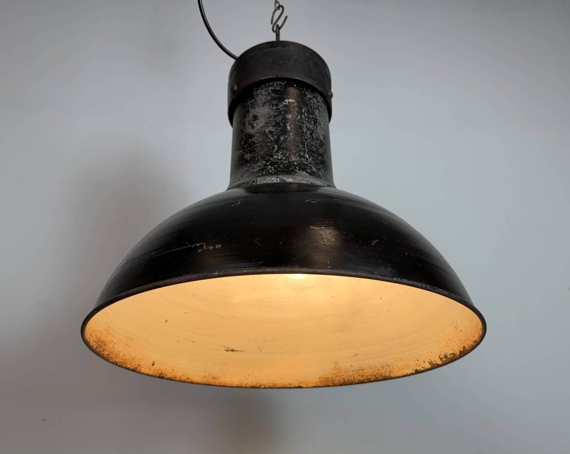 Large Industrial Factory Black Pendant Lamp with Cast Iron Top, 1950s