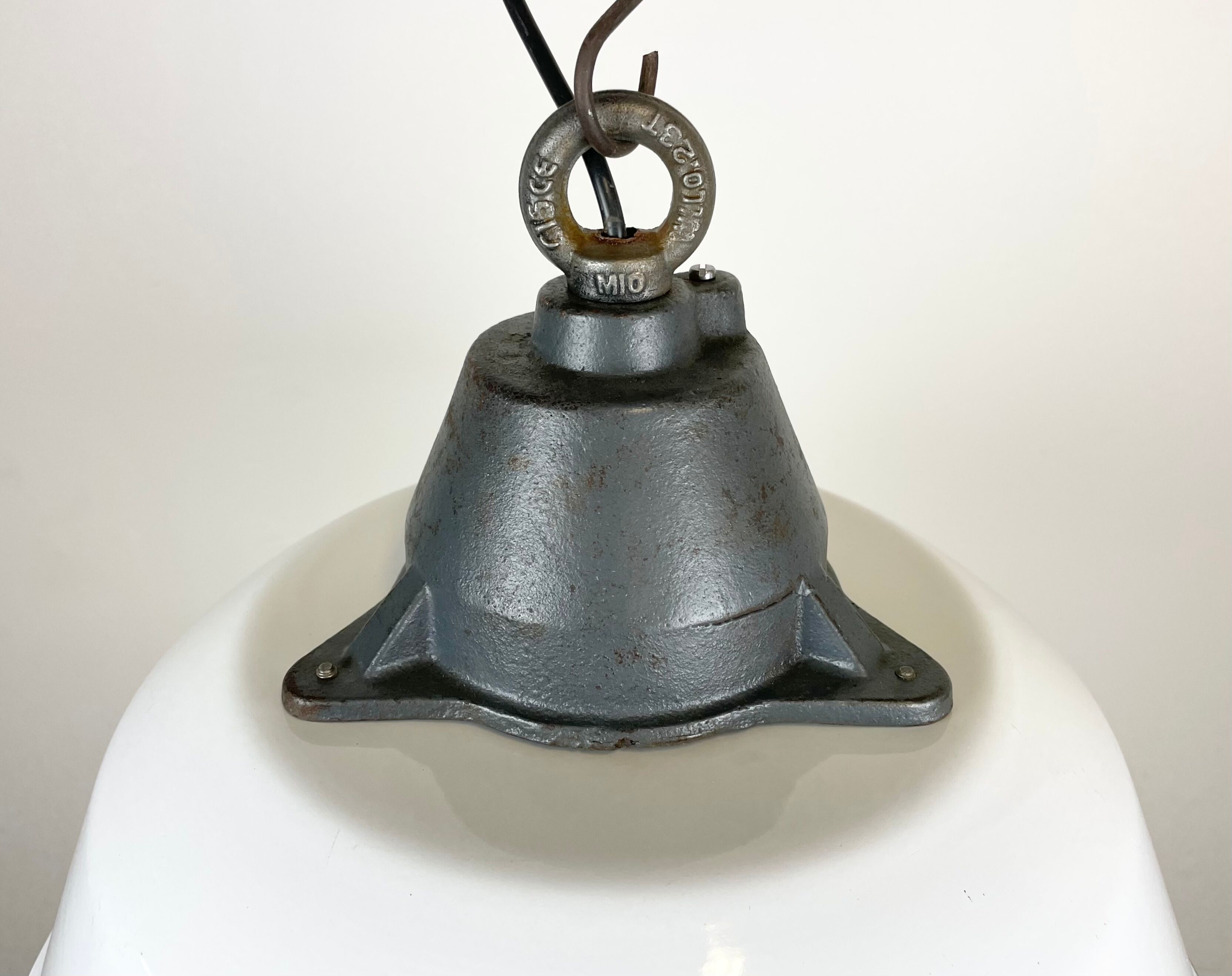 White Enamel and Cast Iron Industrial Pendant Light with Glass Cover, 1960s