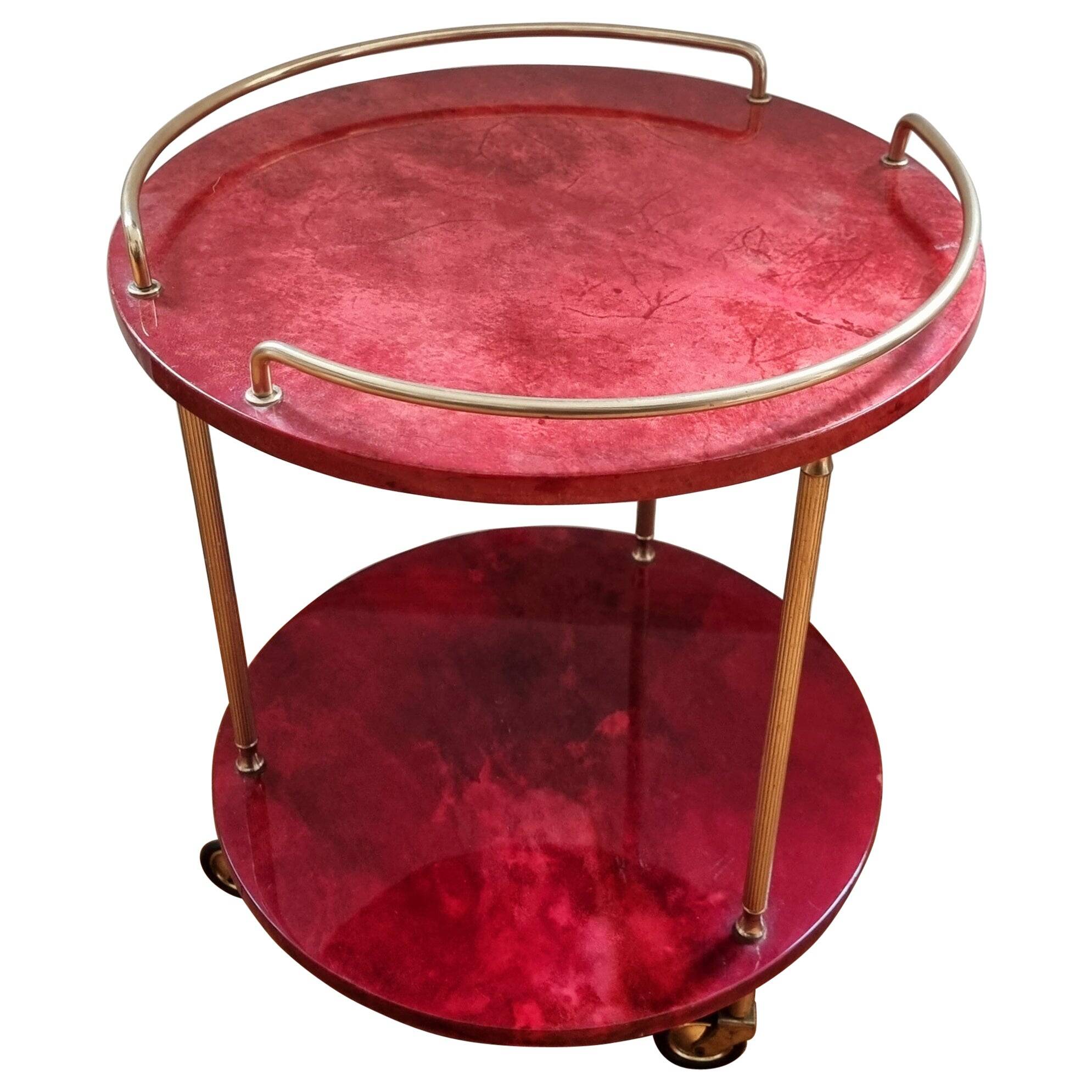 Aldo Tura bar cart, red goat leather, mid-century Italian / Hollywood Regency