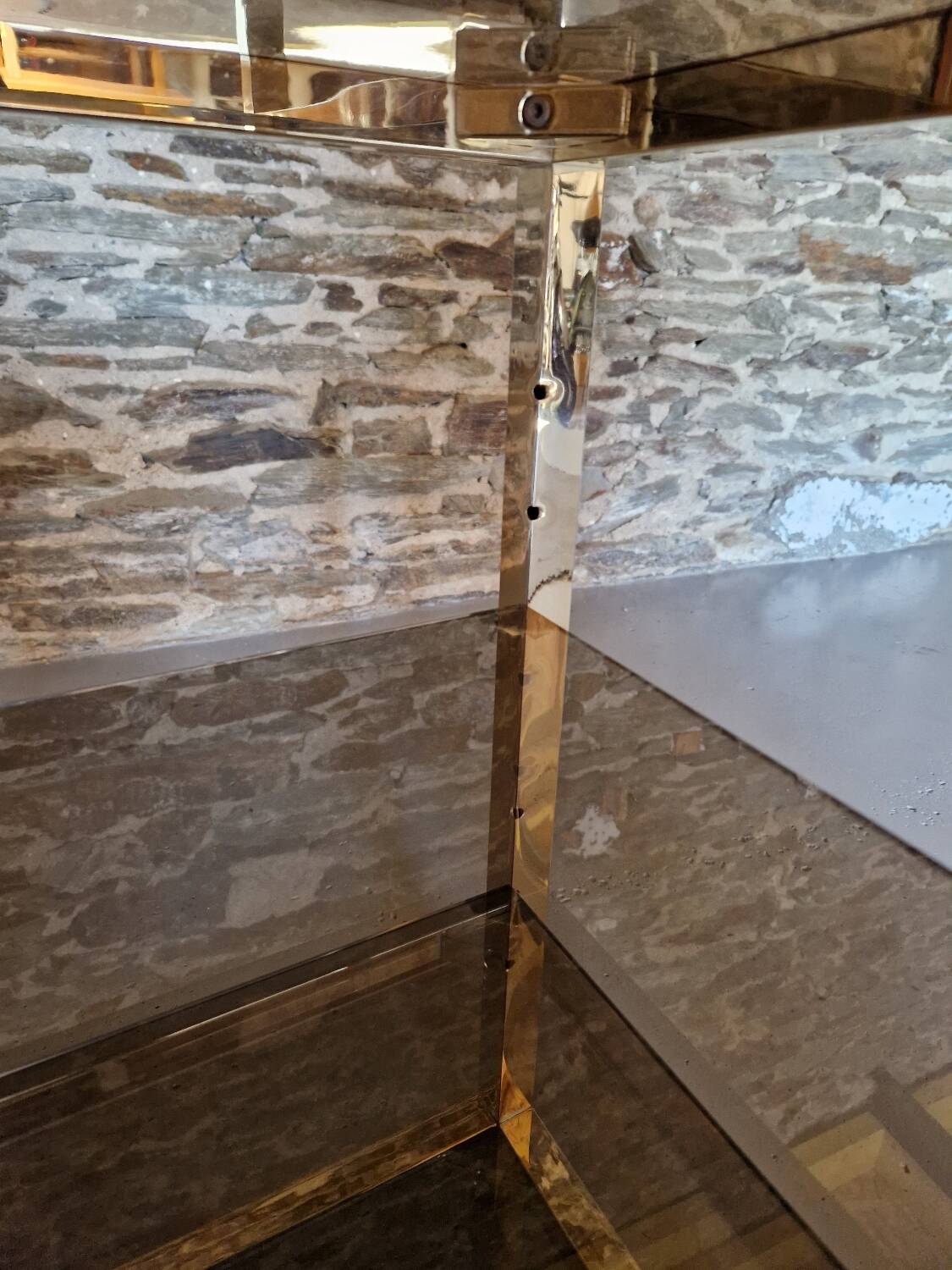 70s glass TV cabinet shelf console