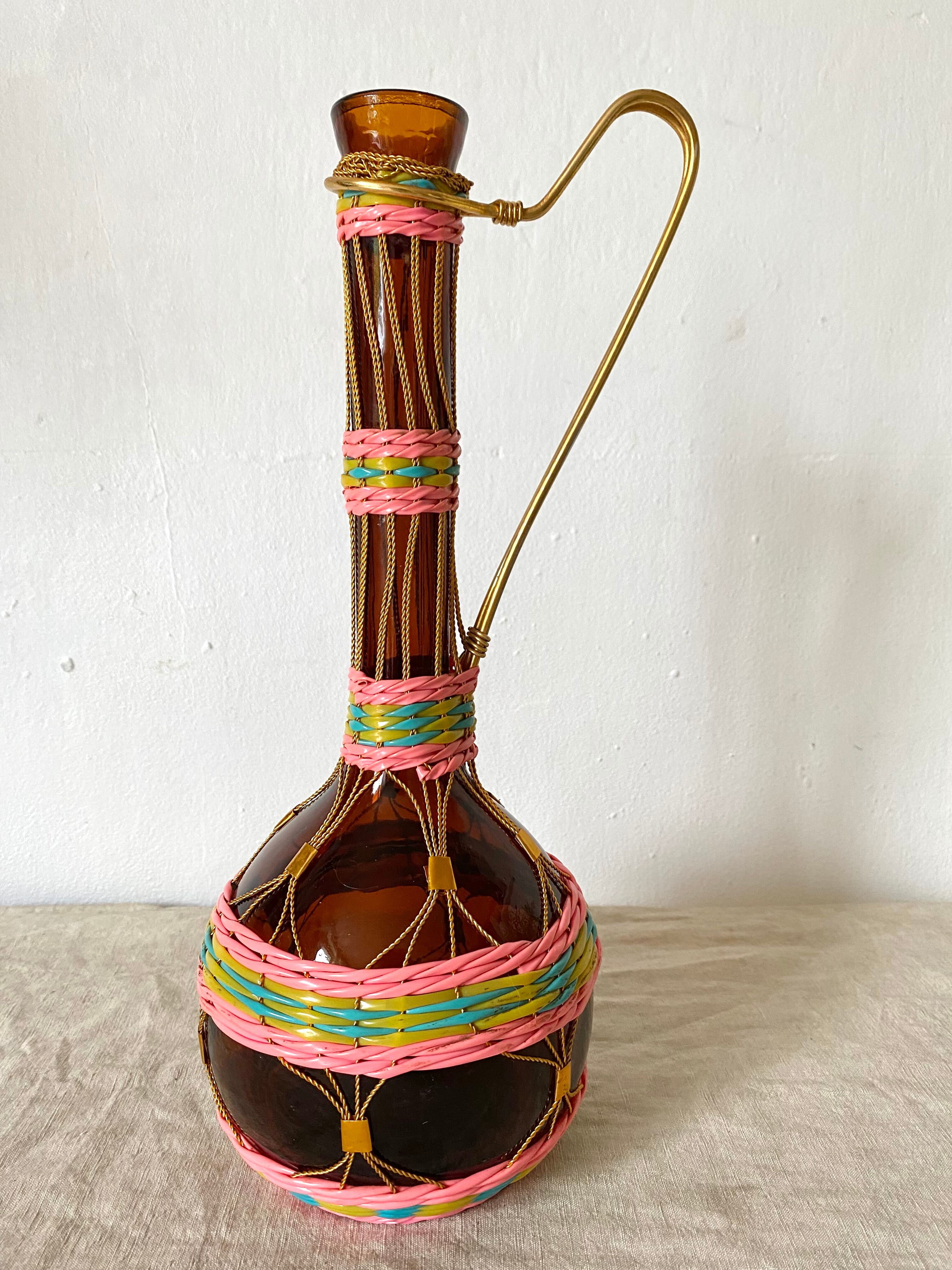 Vintage amber glass bottle scoubidou