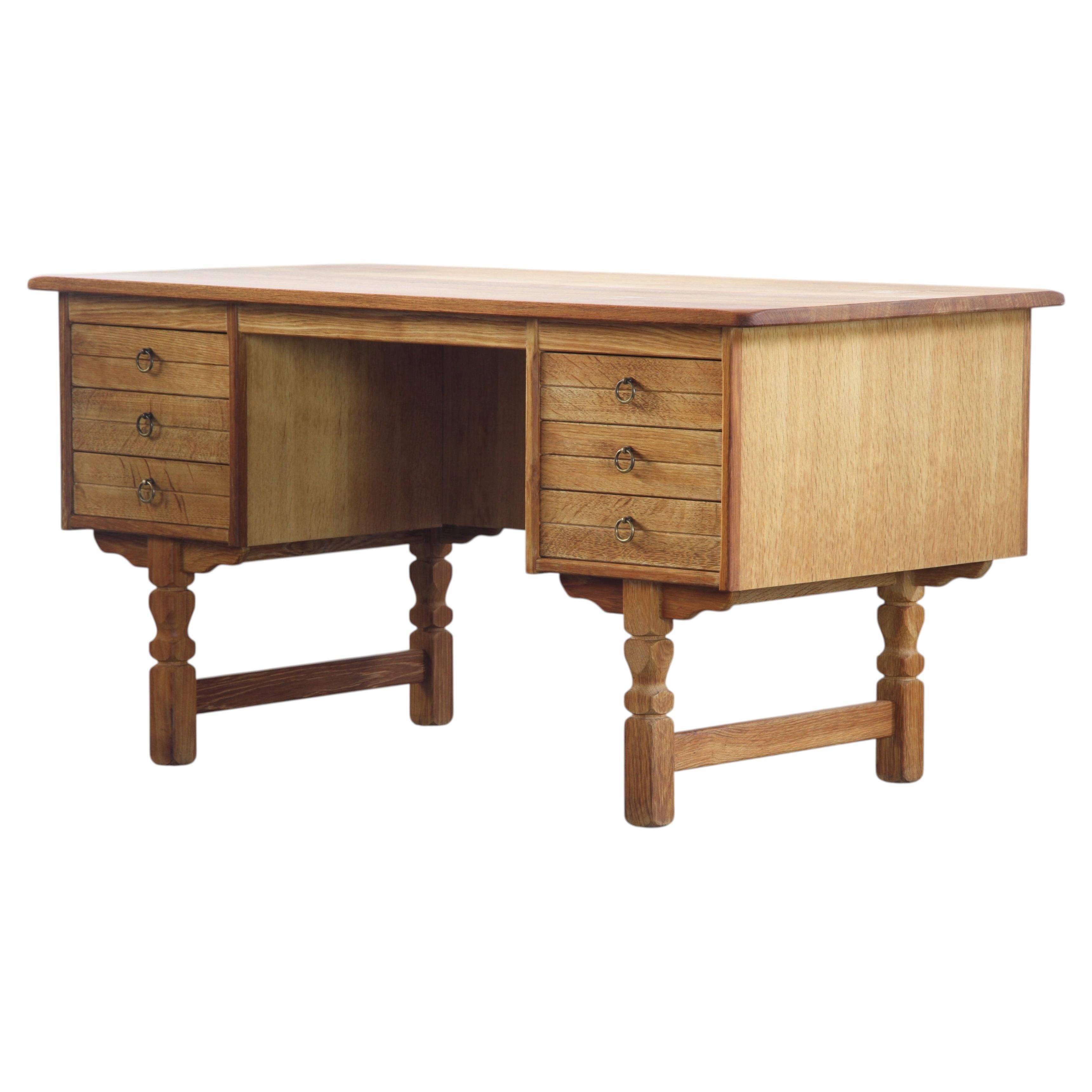 Vintage Mid-Century Oak Desk with 6 Drawers, Open Back, Kjærnulf Style
