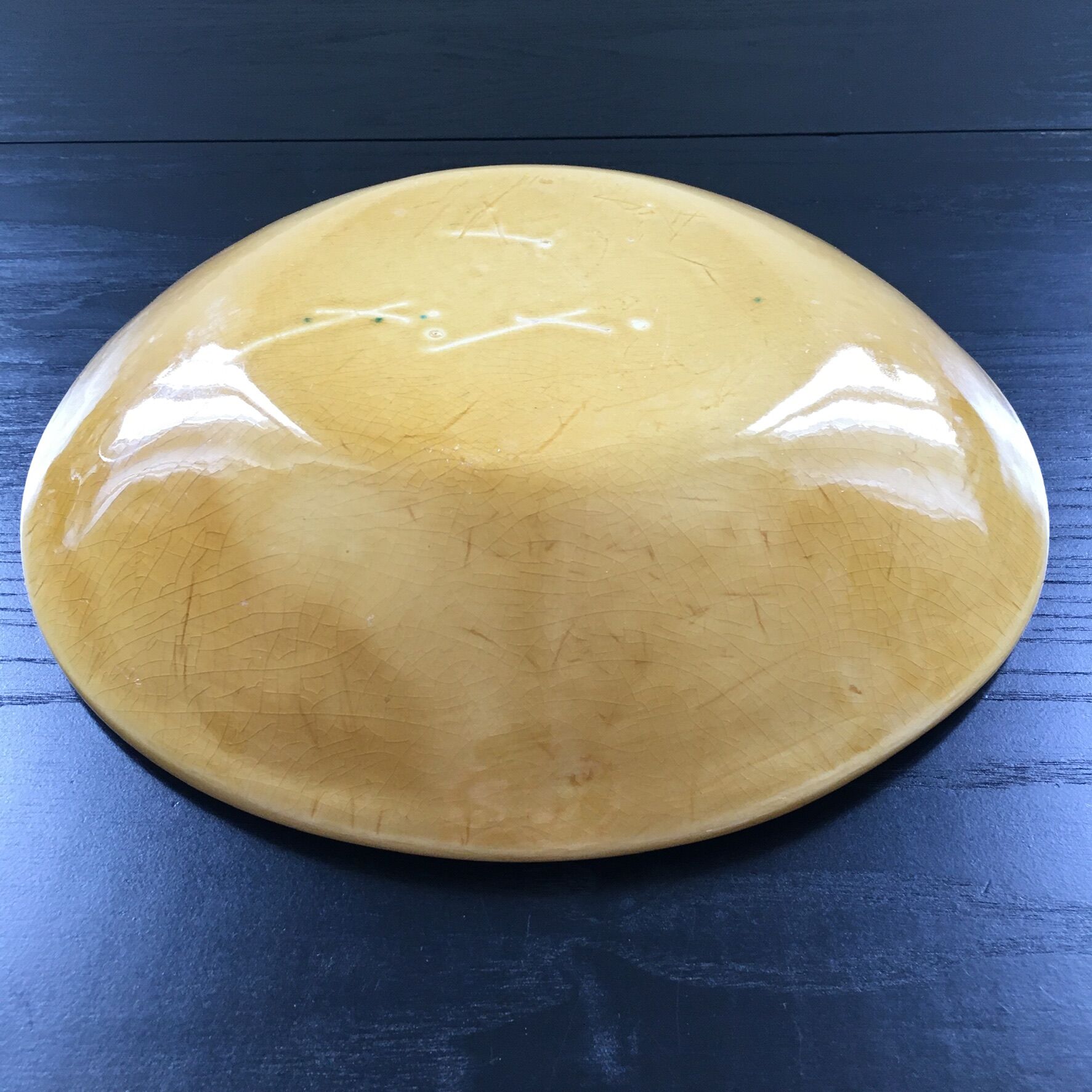 Plate signed with green leaf decoration.