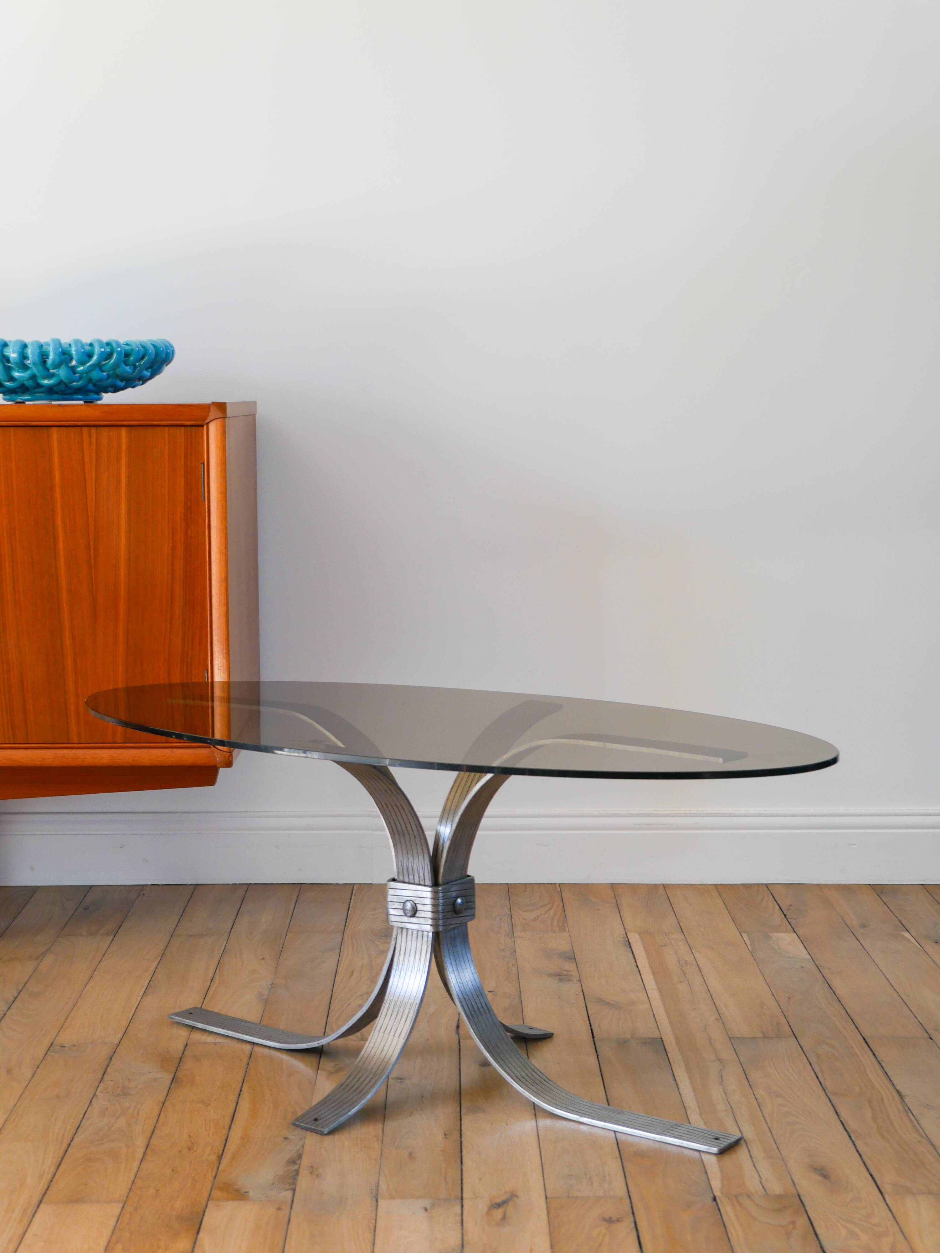 Oval coffee table in smoked glass and brushed steel, 1968