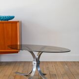 Oval coffee table in smoked glass and brushed steel, 1968