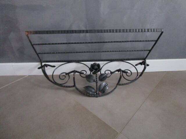 Art Deco wall-mounted coat rack/shelf in wrought iron