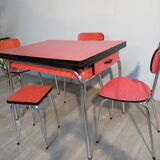 Table, 3 chairs and red formica stool