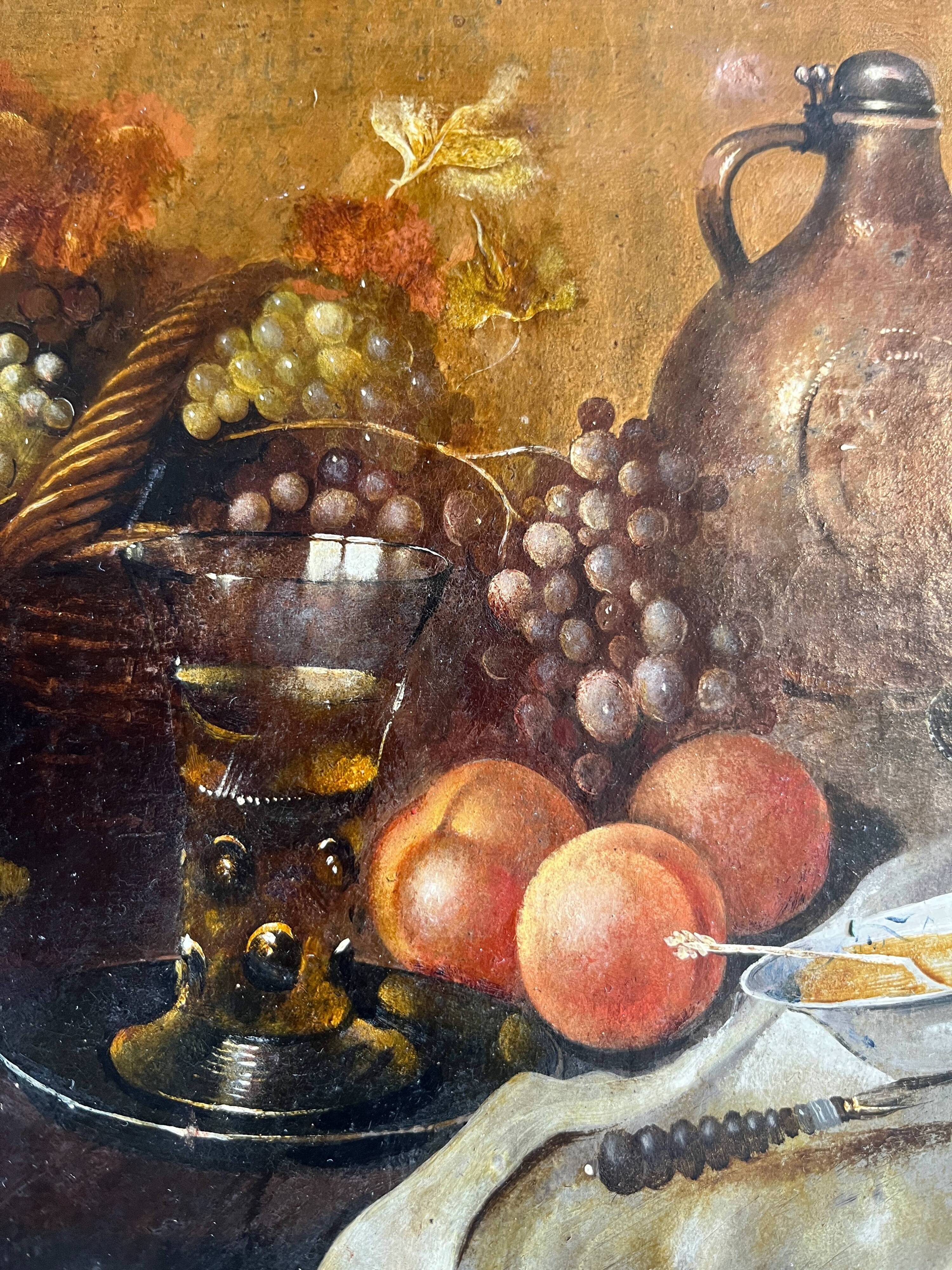 Antique painting HSP/C "The Buffet, Ham and Grapes" in the style of Cornelis