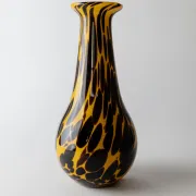 Vintage Murano glass vase from the 1990s, yellow art glass with black spots, postmodern Italian design.