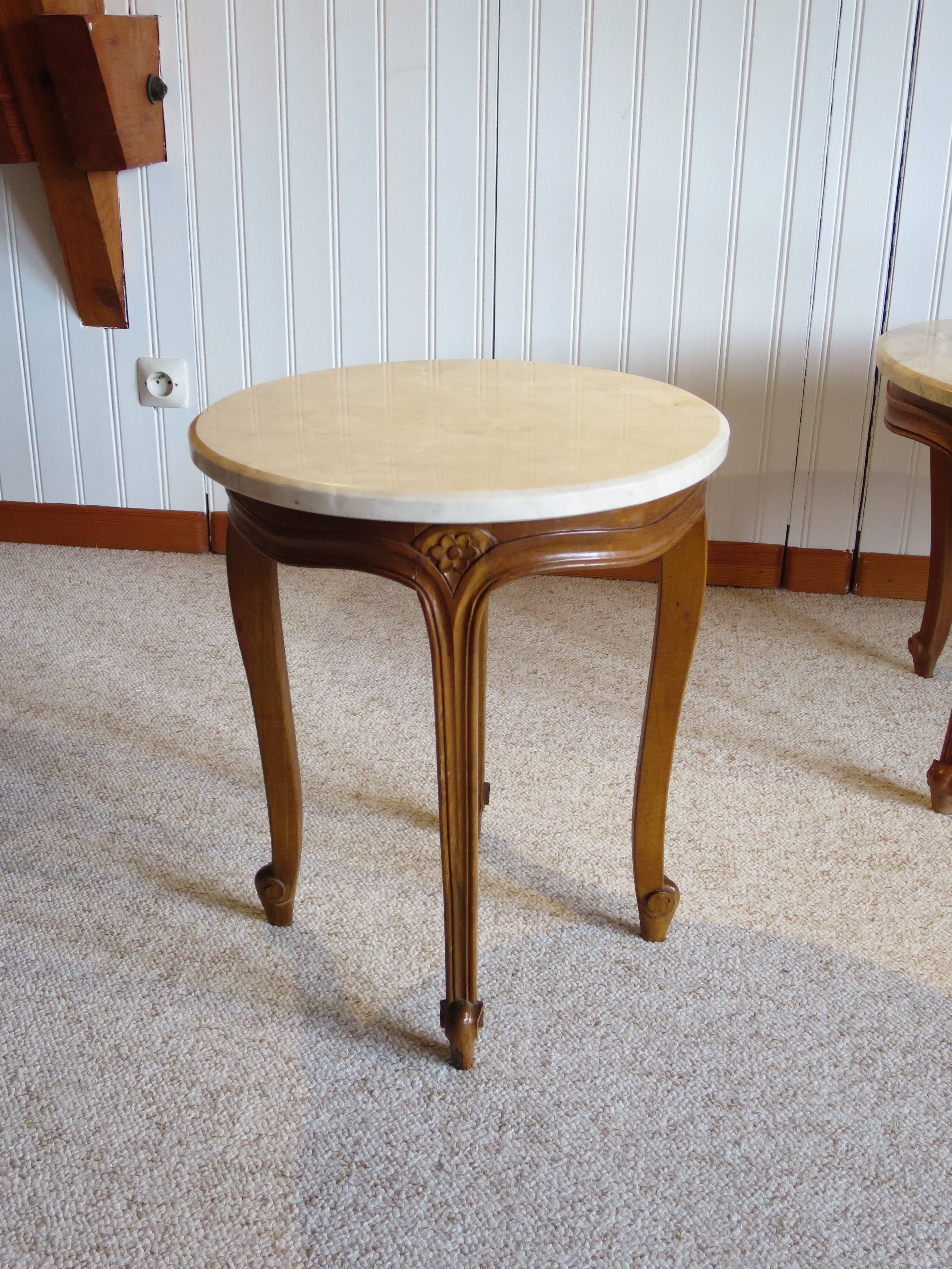 Round coffee table - Carved wood - White veined marble - Regency/Louis XV style