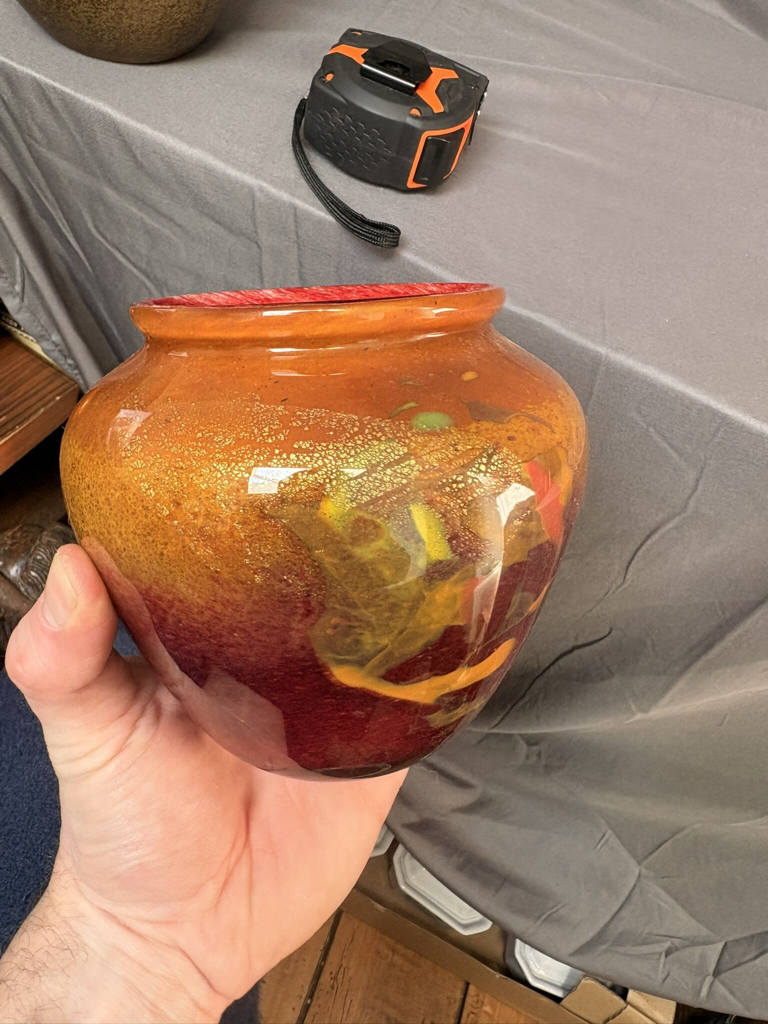 Vase Pot Paste Glass Blown Red Orange Lacquered Marbled Signed Dated Art Deco