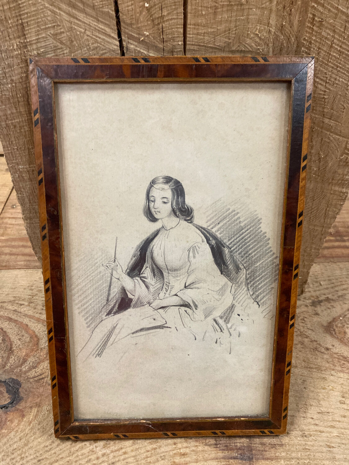Portrait 19th young woman romantic marquetry frame