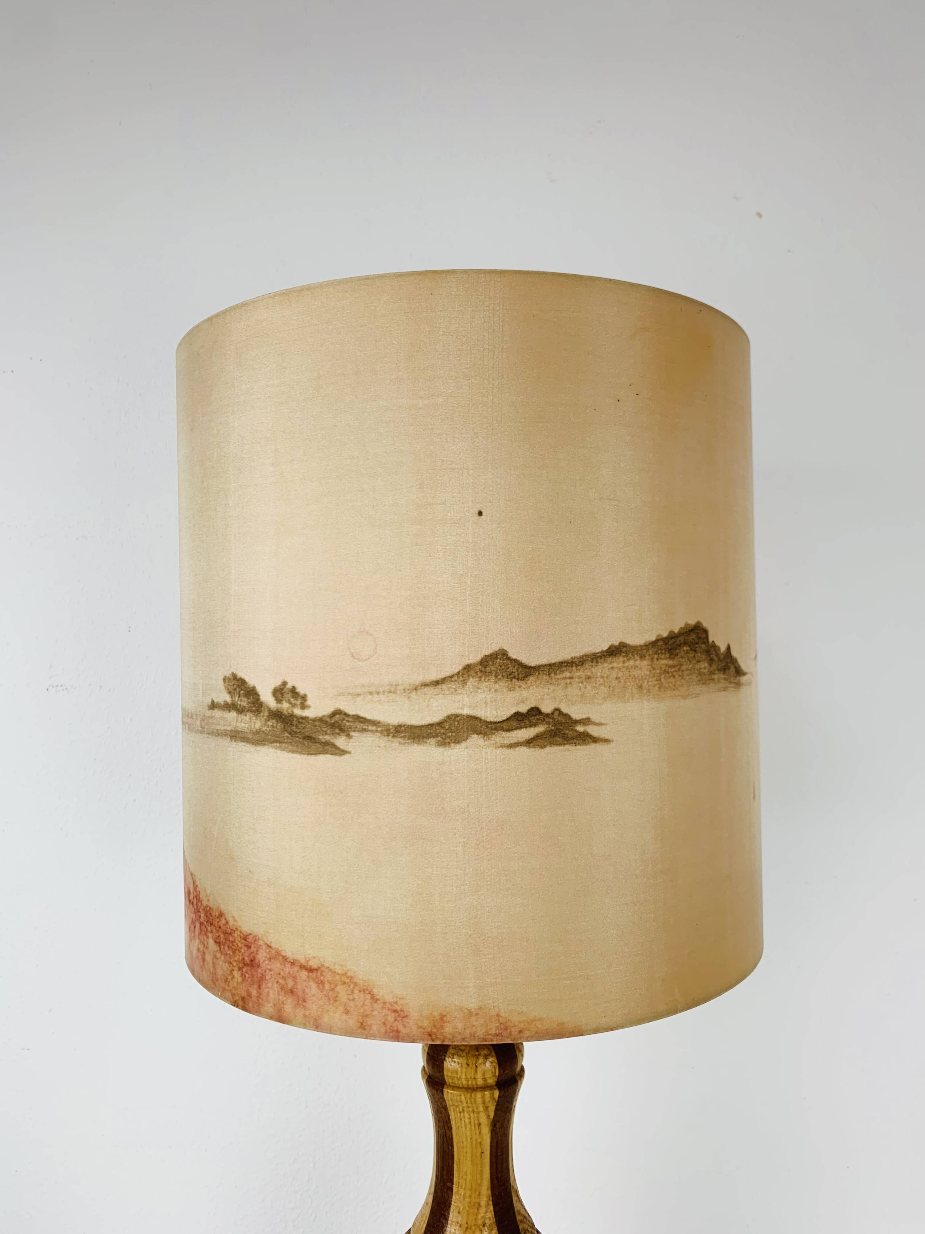 Vintage turned wood lamp, silk lampshade