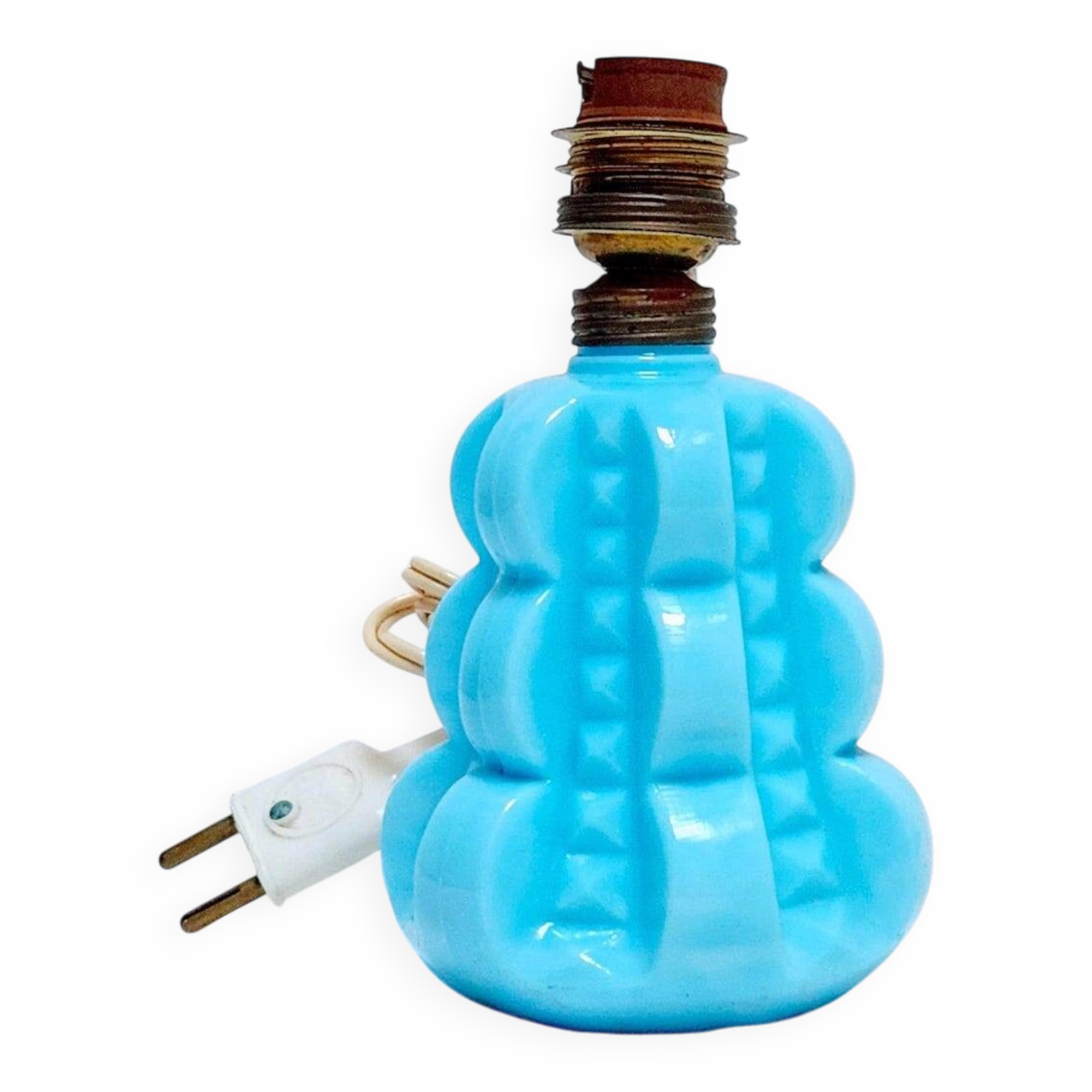 French 1950s Bale Shape Blue Opaline Glass Lamp Bulbous Gourd Cotton Bale