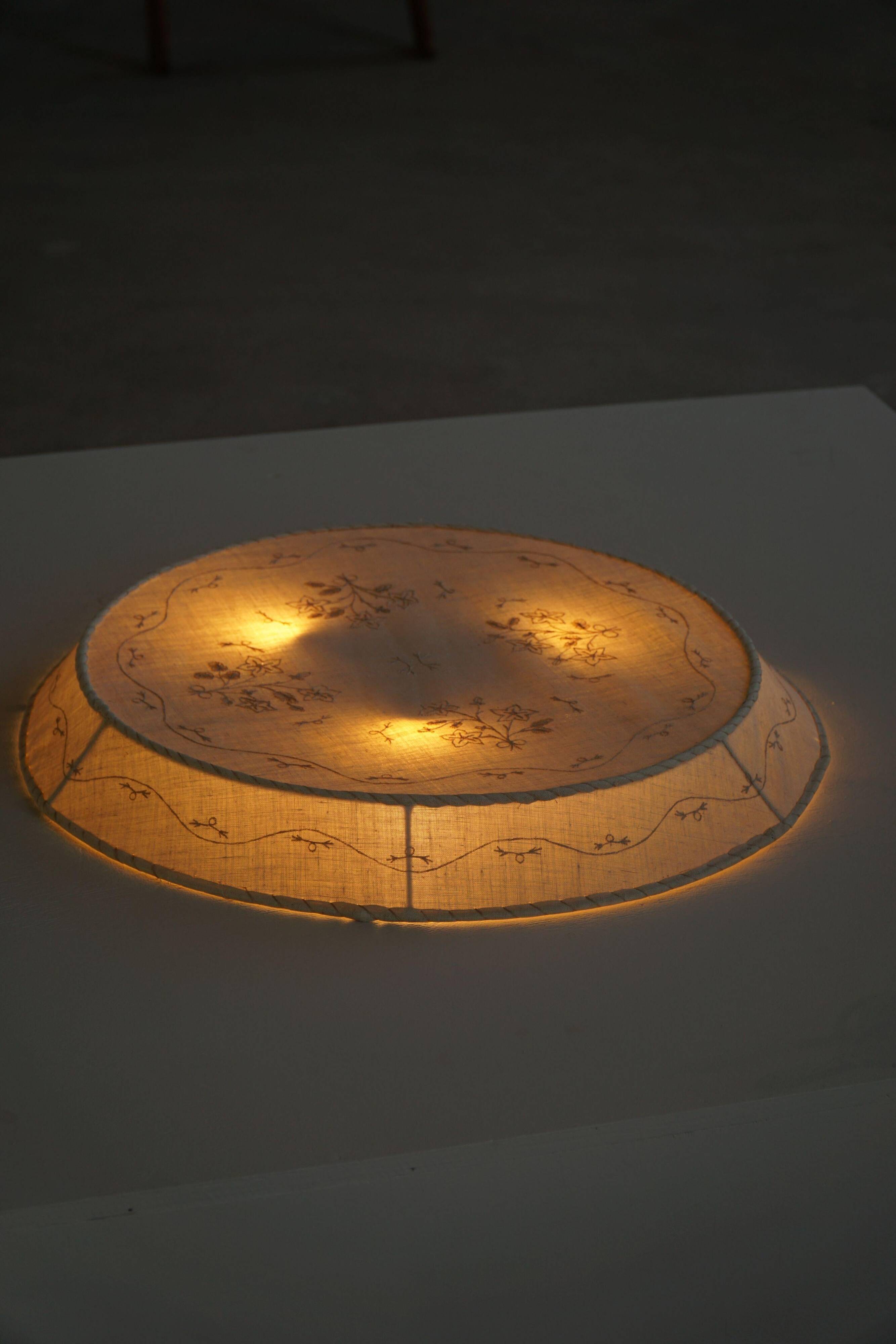Large Swedish wall/ceiling light from the mid-century in linen and lace, Sweden, 1950s.