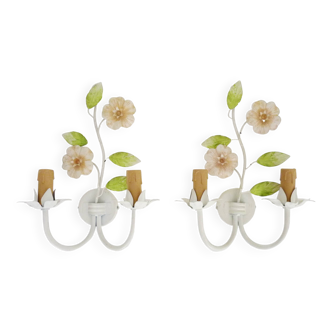 Pair of vintage painted metal wall lights decorated with foliage and flowers. 80s 90s