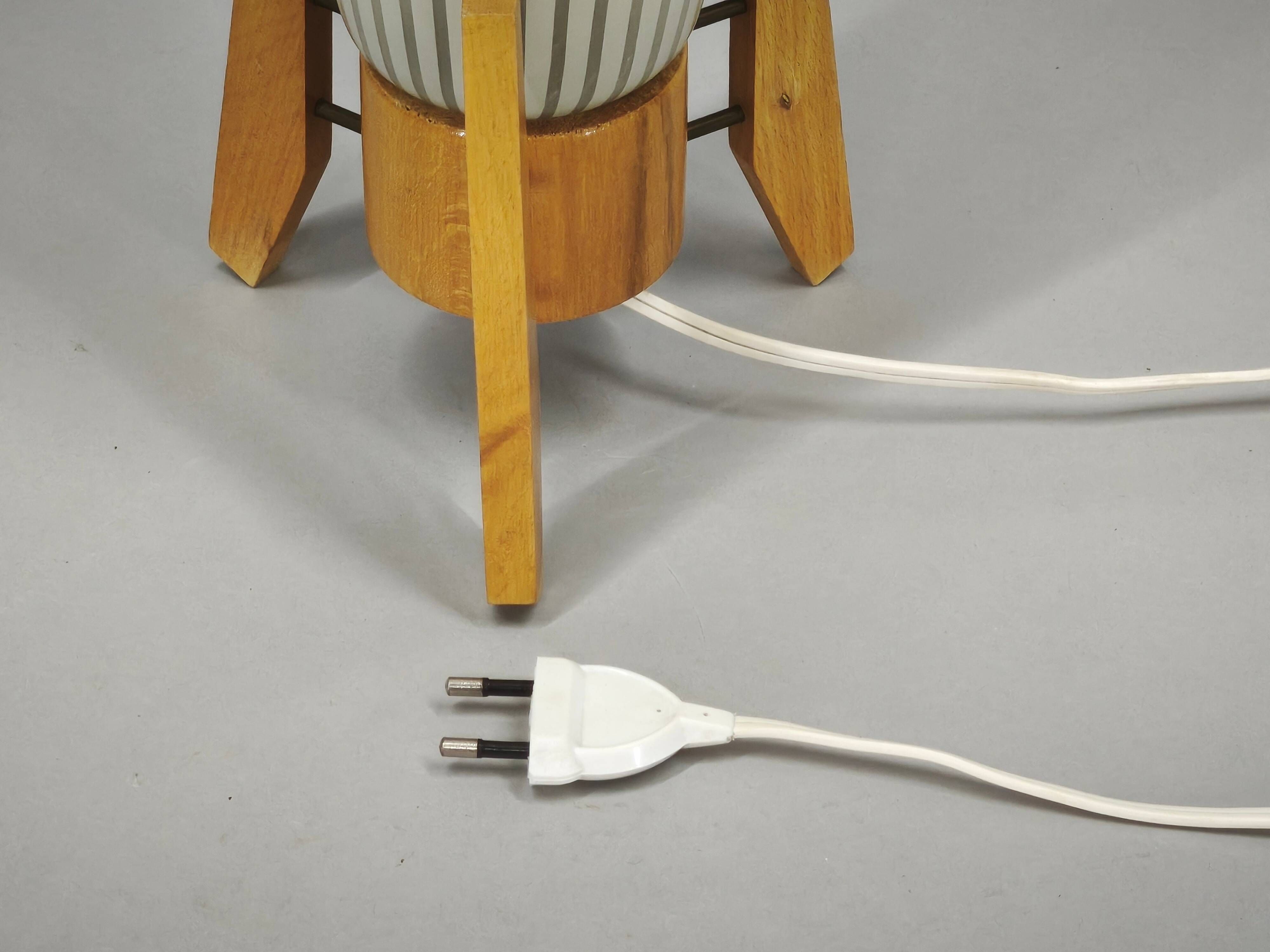 1970s Czech Mid-Century Glass and Wood Tripod Table Lamp by Dřevo Humpolec
