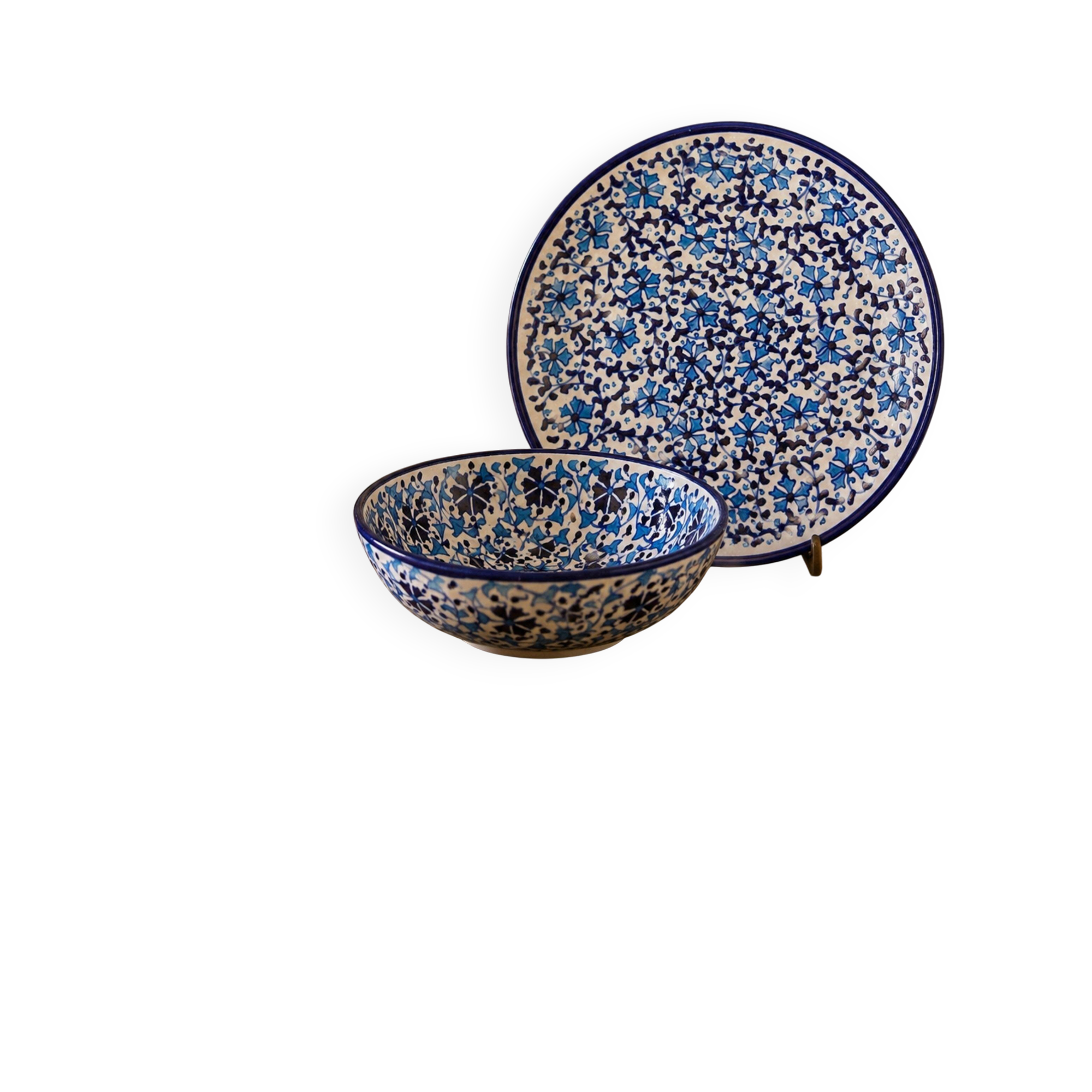 Handcrafted Turkish Ceramic Bowl and Plate Set, Blue Floral Iznik Plate