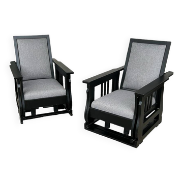Important Pair Of Black Lacquered Rocking Armchairs Circa 1920 - 30