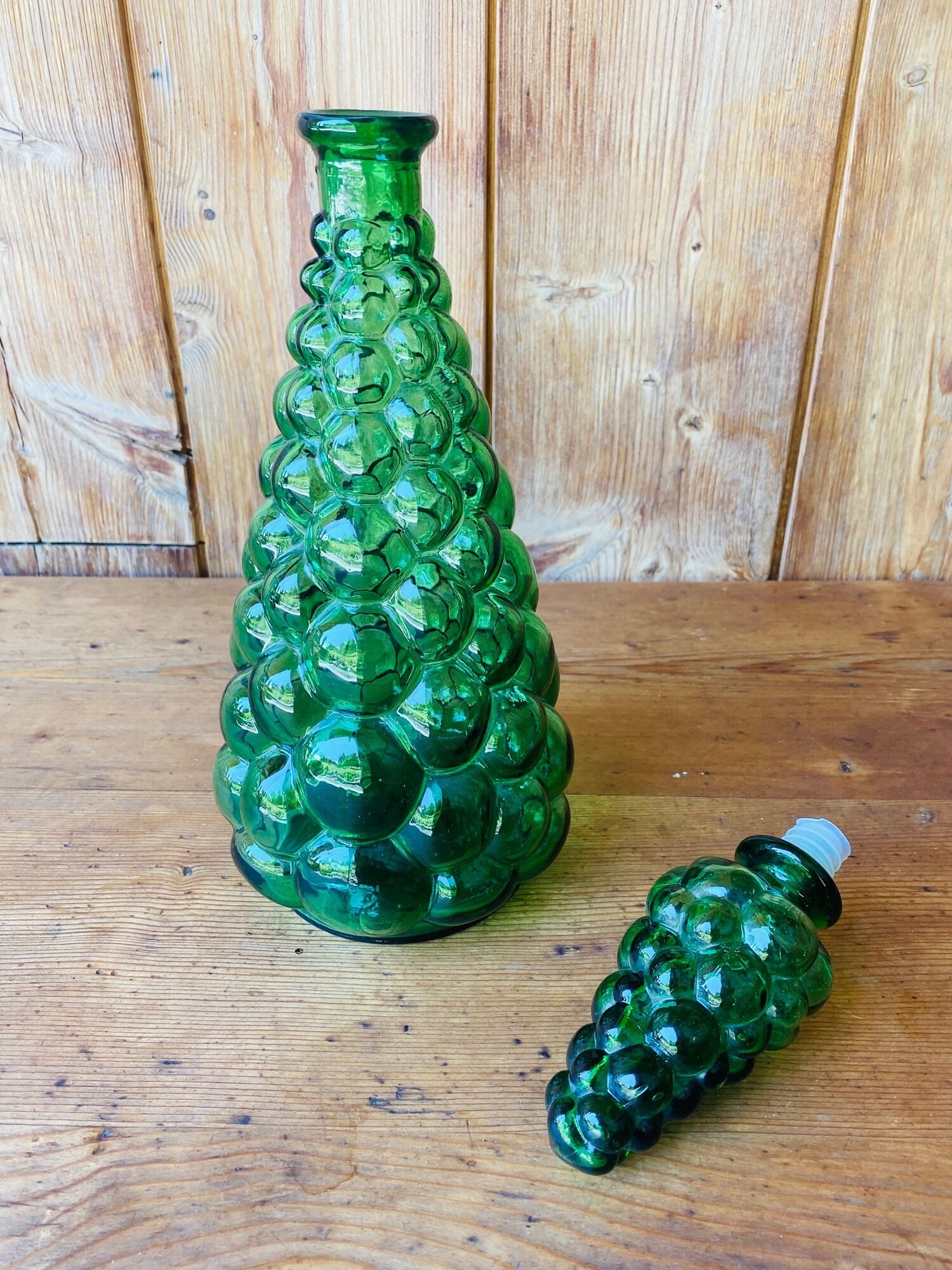 Italian decanter made of green empoli glass grape-shaped bubbles - vintage