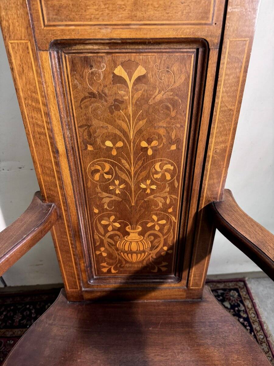 Pair of Renaissance style armchairs in walnut and marquetry.