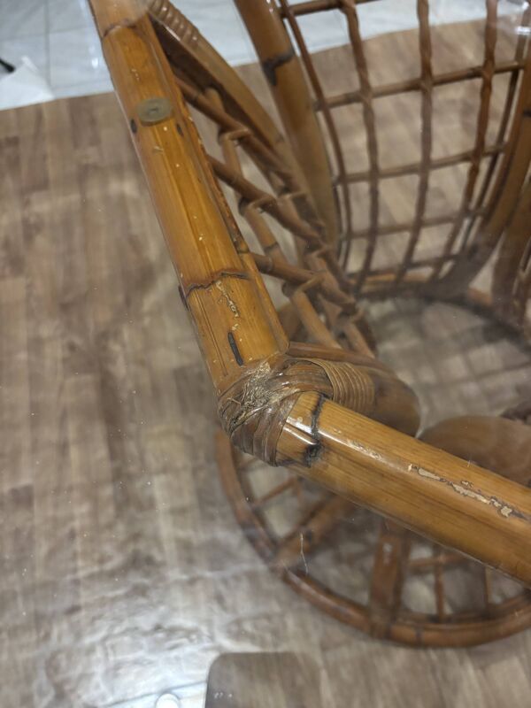 Table années 70 Roche Bobois en verre et osier rotin verni