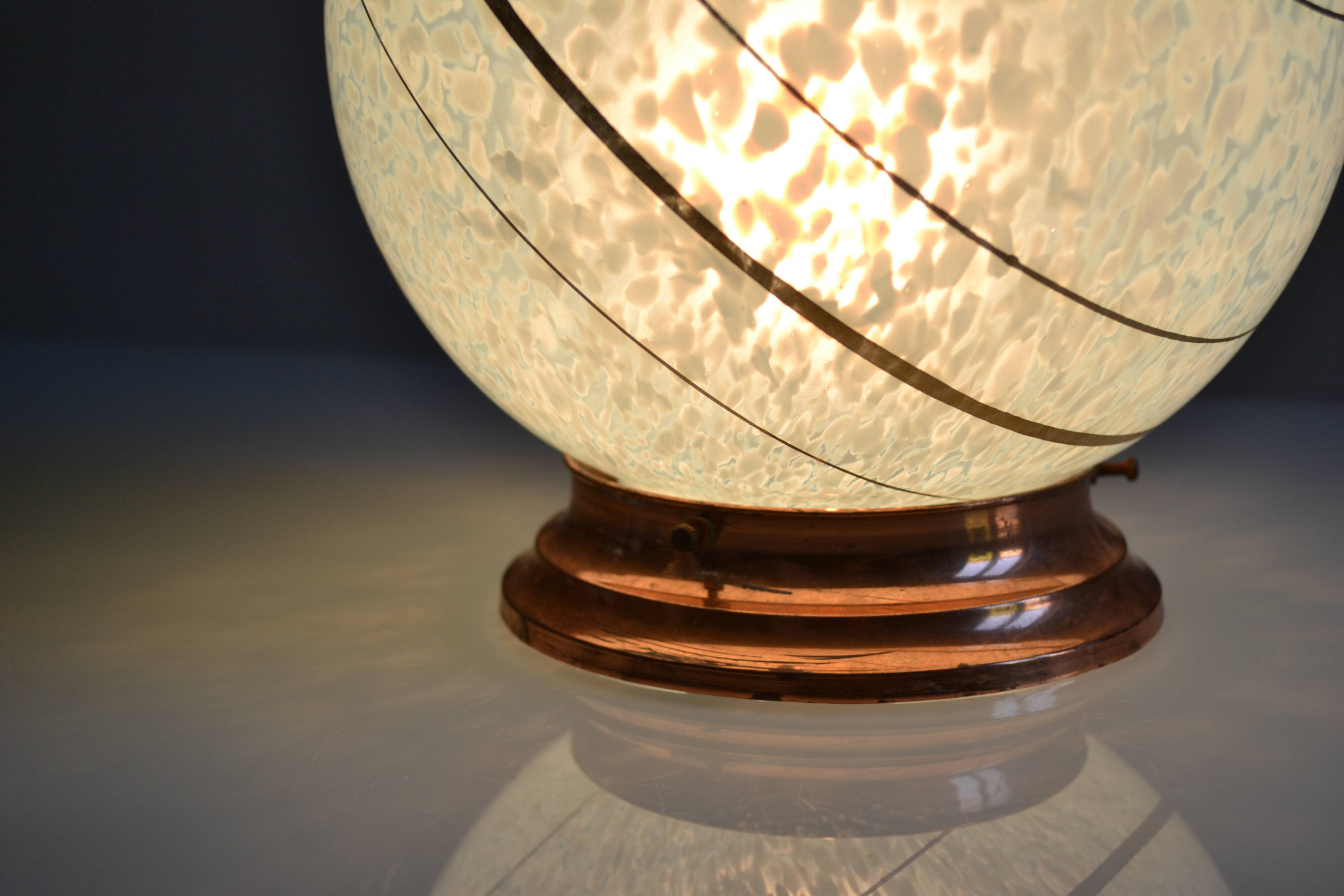 Art Deco table lamp with blue speckled opaline glass globe