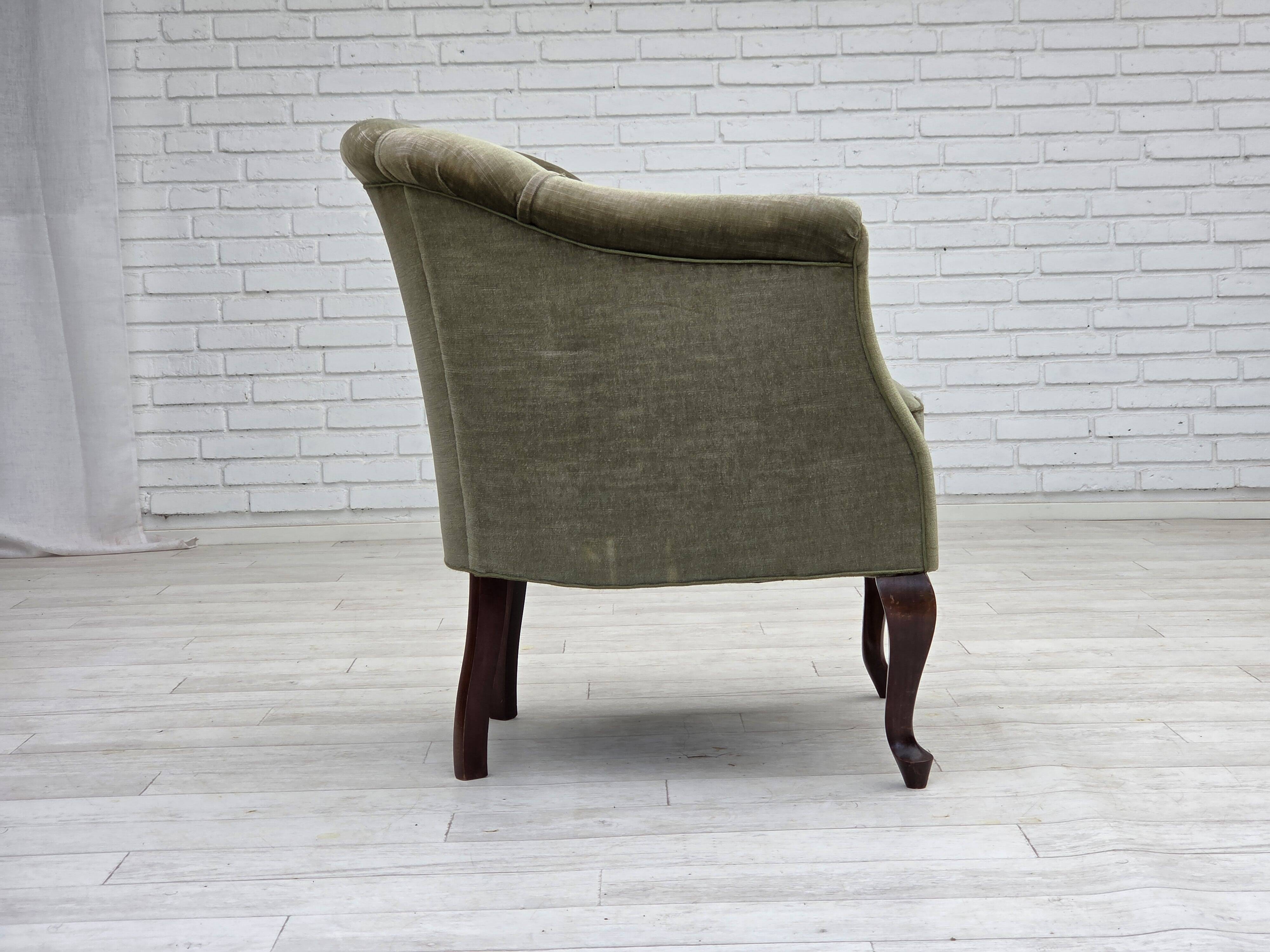 1960s, Danish armchair, green furniture velour, beech wood legs.