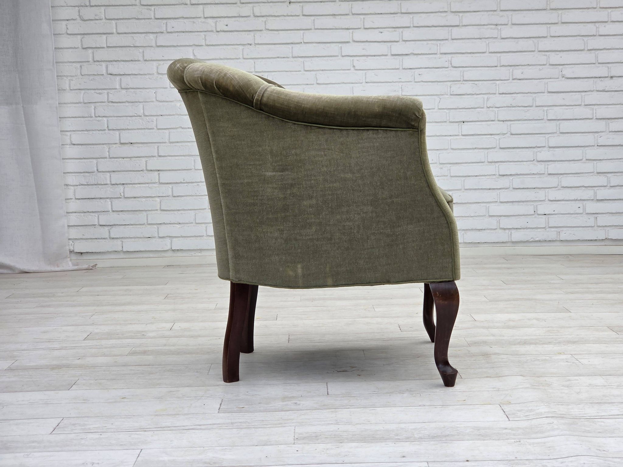1960s, Danish armchair, green furniture velour, beech wood legs.
