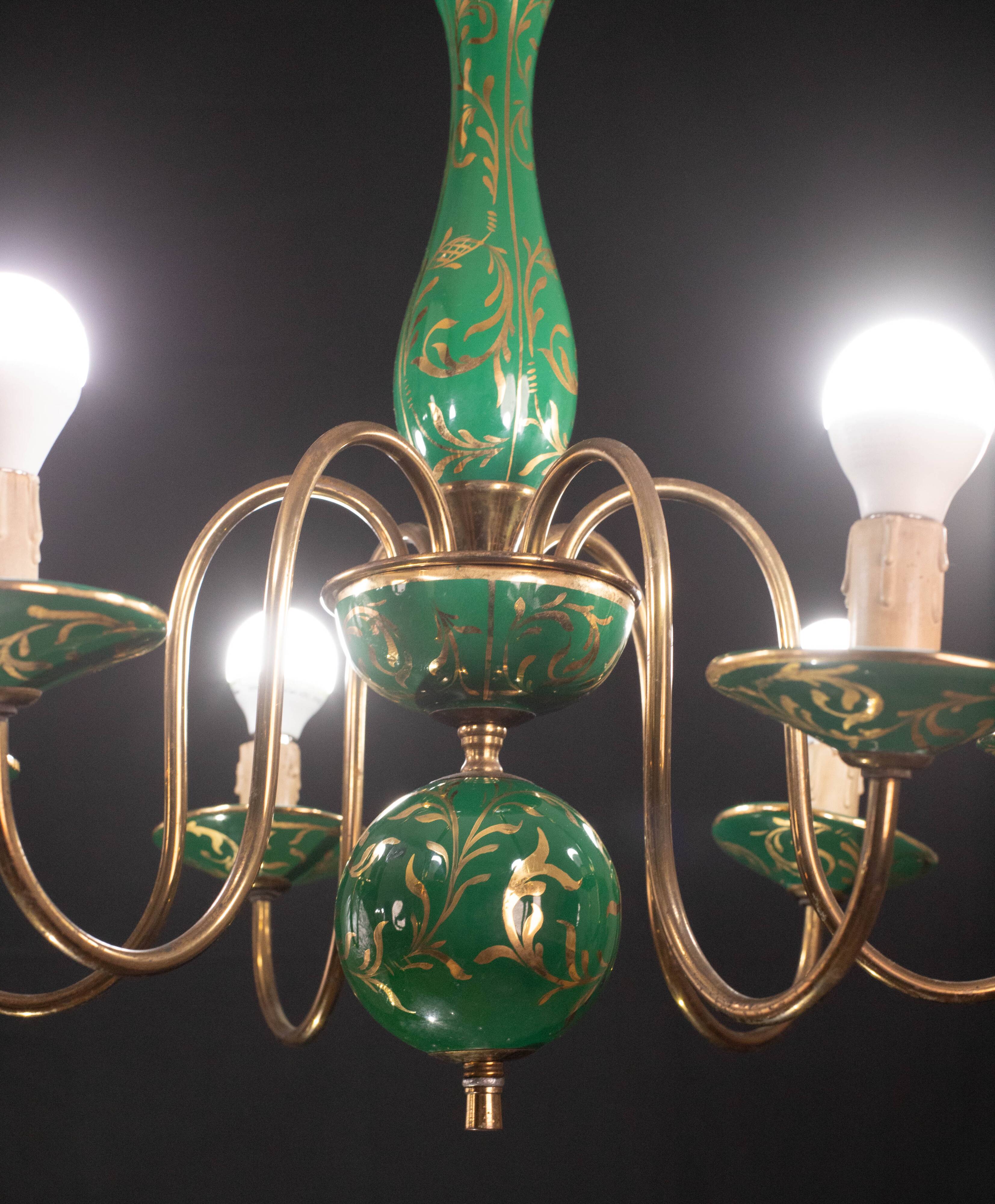 Art Deco Brass and Painted Terracotta Chandelier, 1950s
