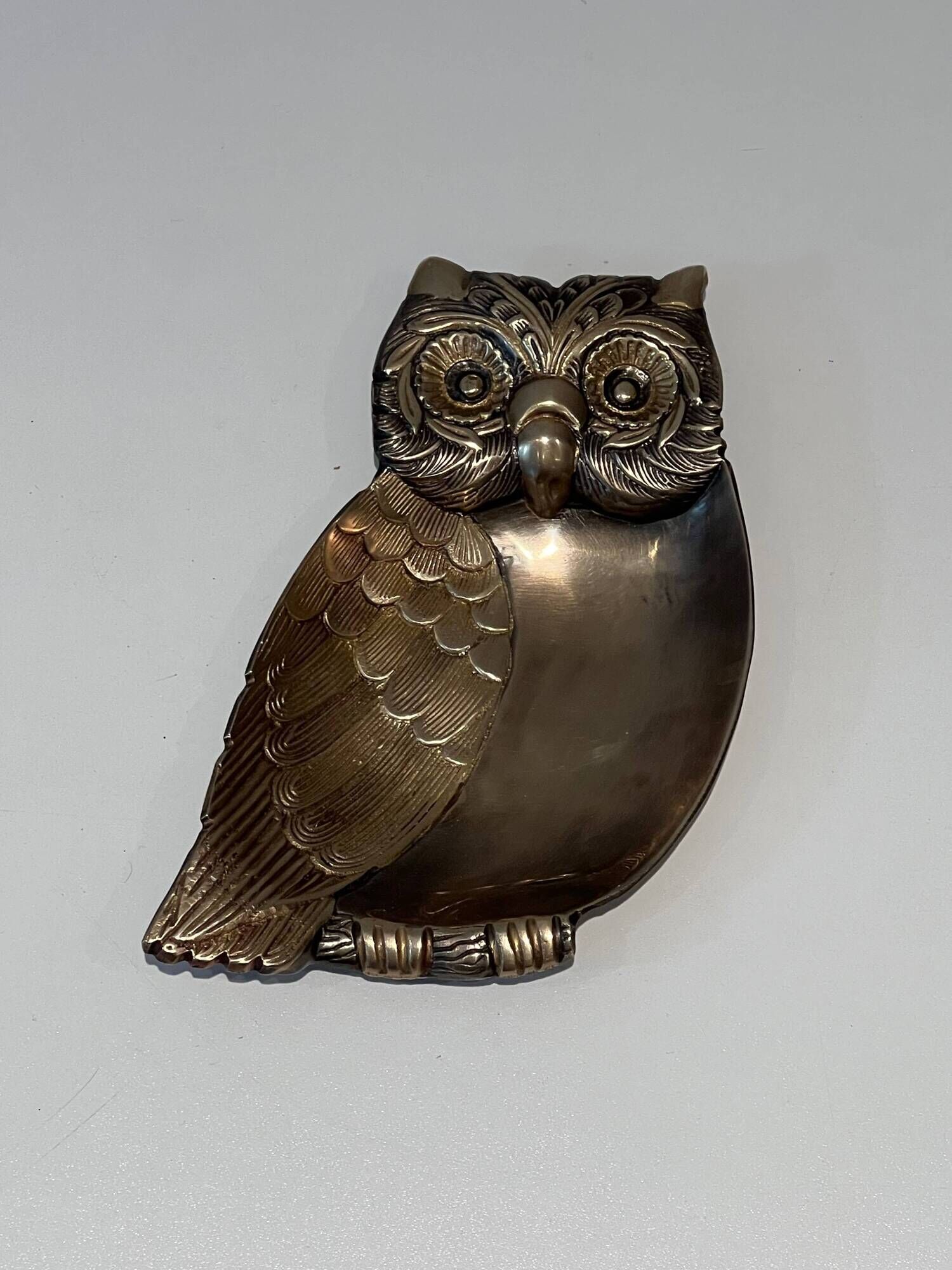 Brass Owl Catchall with Chiseled Feather Decoration. Italian Work in the