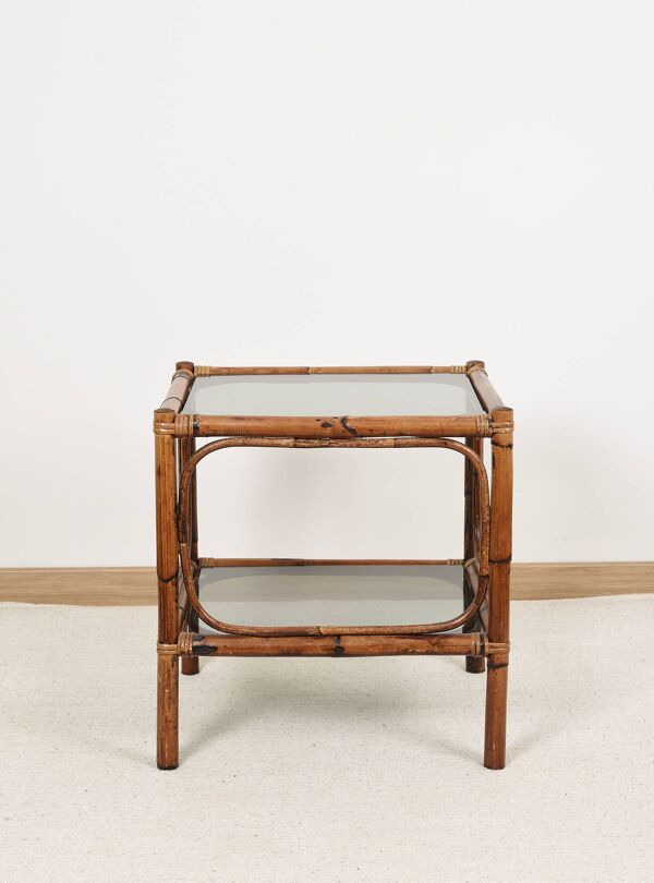 Table de chevet ou table basse en bambou et verre fumé, double plateau, années 70